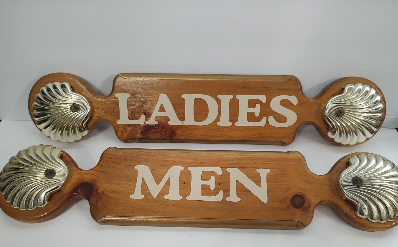 Custom Set of 2 Handmade Wood Bathroom Signs Ladies and Men Metal Shell Design