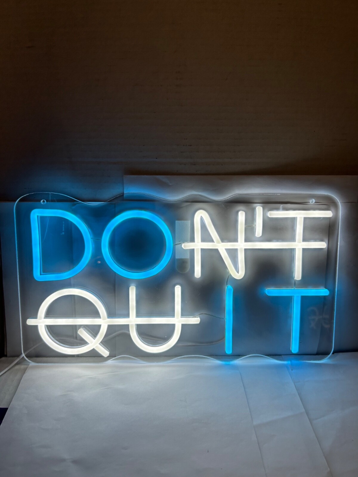NEON SIGN 16.5 WIDE BY 9” TALL WHITE & BLUE DON’T QUIT SIGN ENCOURAGEMENT