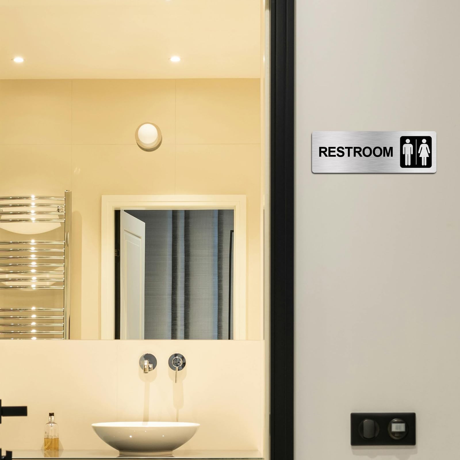 Silvivao Restroom Sign for Business, 9 x 3 Inches Brushed Aluminum, Waterproo…