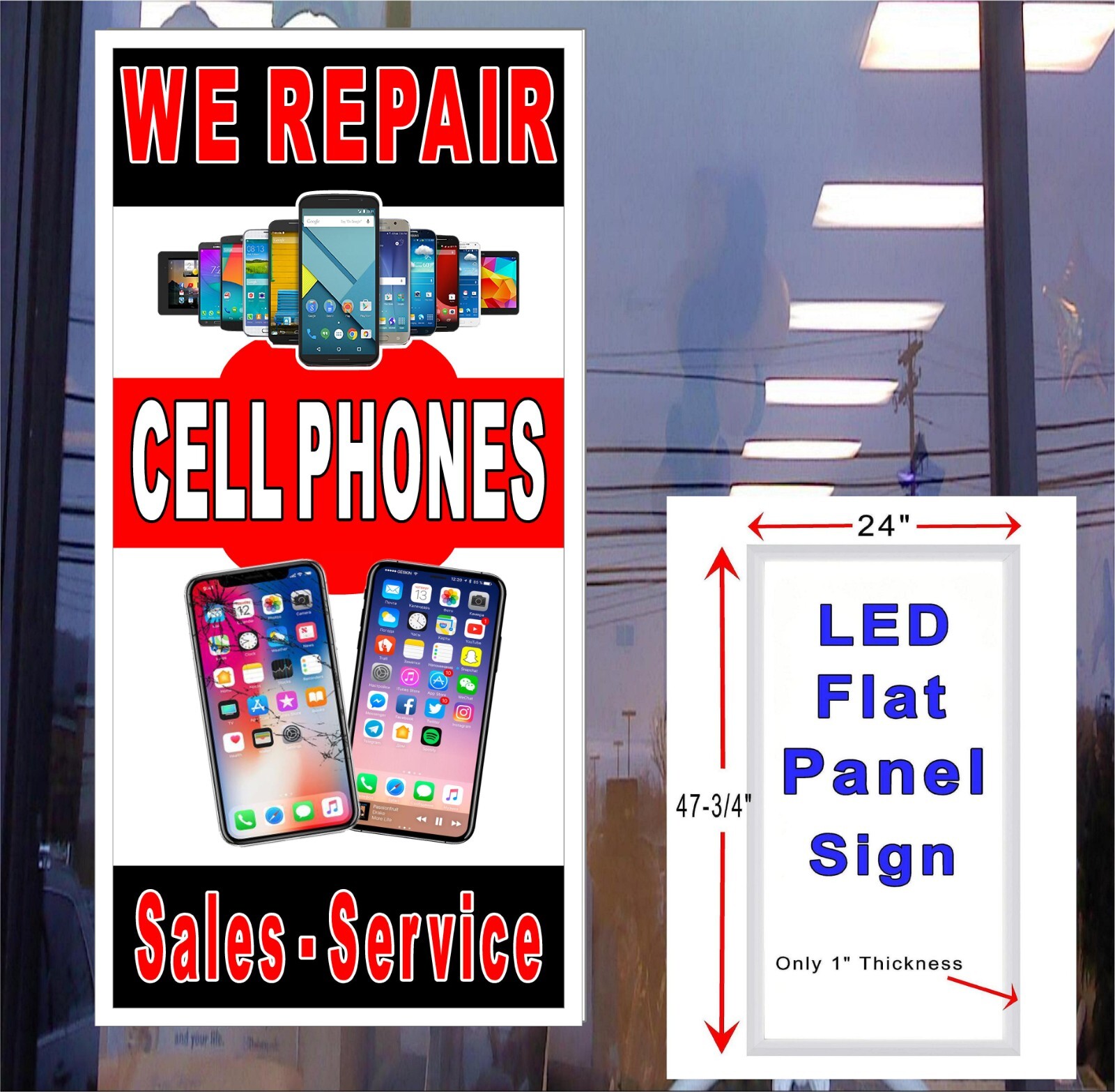 We Repair Cell Phones LED Light Box window sign 24in x 48in