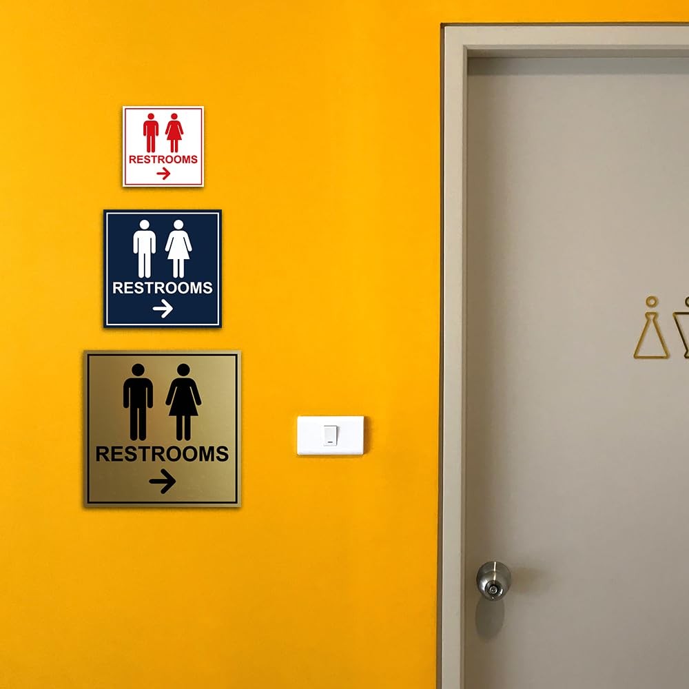 Square Restrooms Right Arrow Sign Adhesive Tape Mount Any Surface Black Med