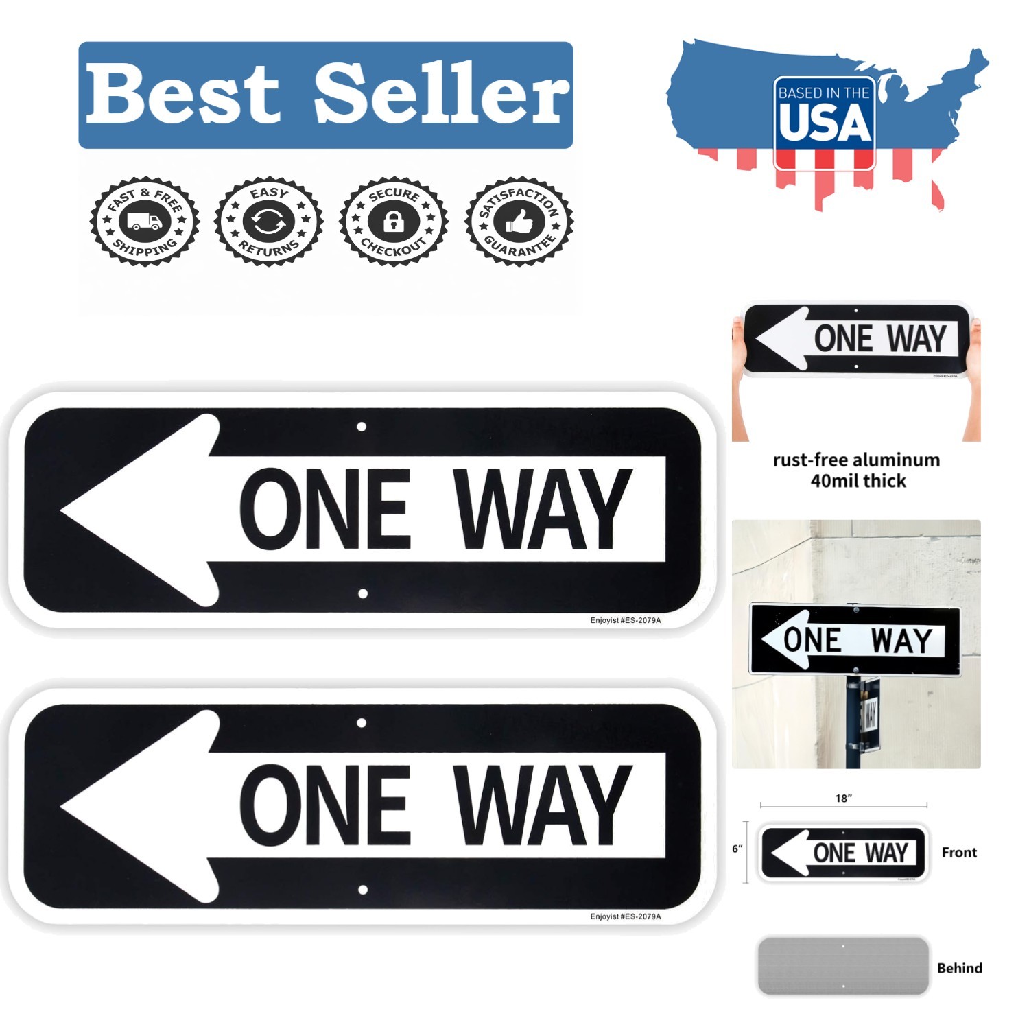 Two Weatherproof 18×6 Reflective One Way Signs with Left Arrow for Outdoor Use