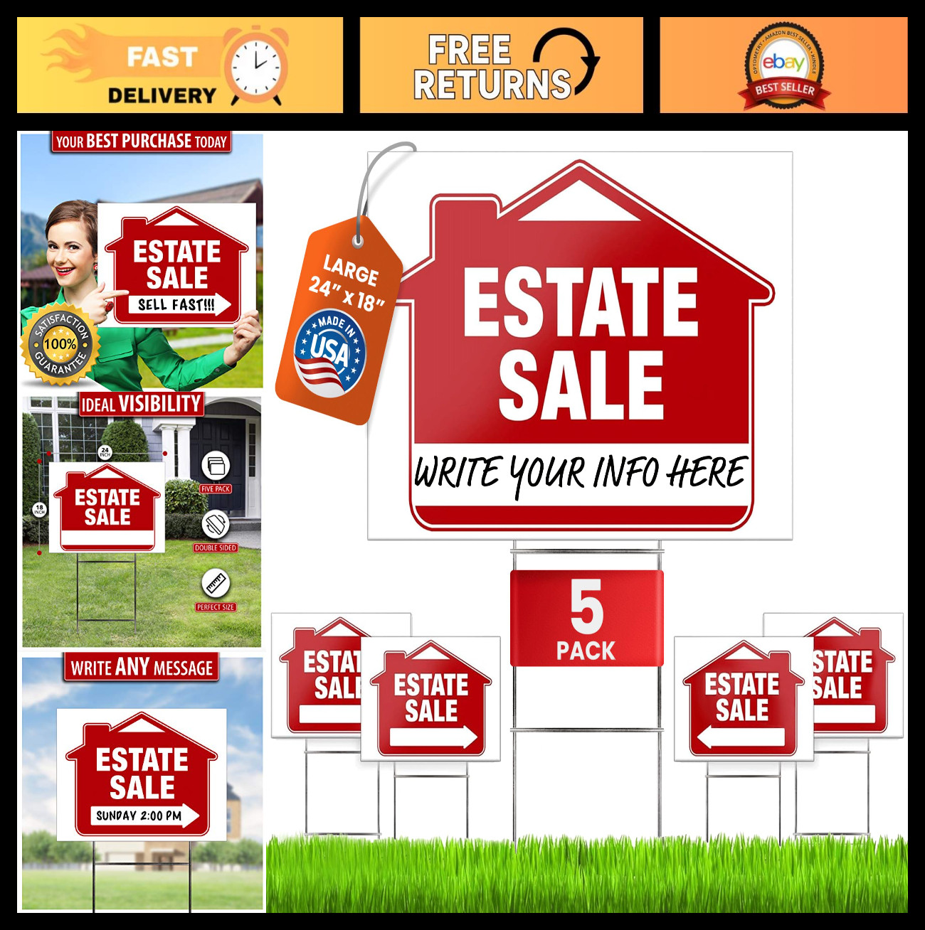 Premium 24″x18″ Double-Sided Estate Sale Signs (5 Pack) with Heavy Duty Stakes