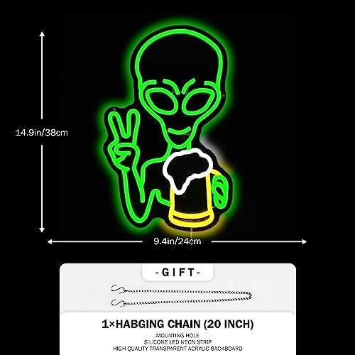 Alien Neon Sign Green Alien Beer Neon Light Dimmable LED Signs for Wall Decor Li
