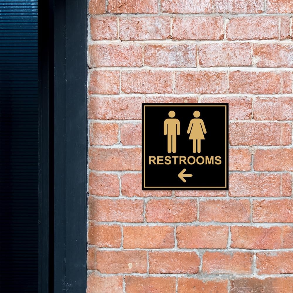 Square Restrooms Left Arrow Sign Black Large Door Wall Public Plate