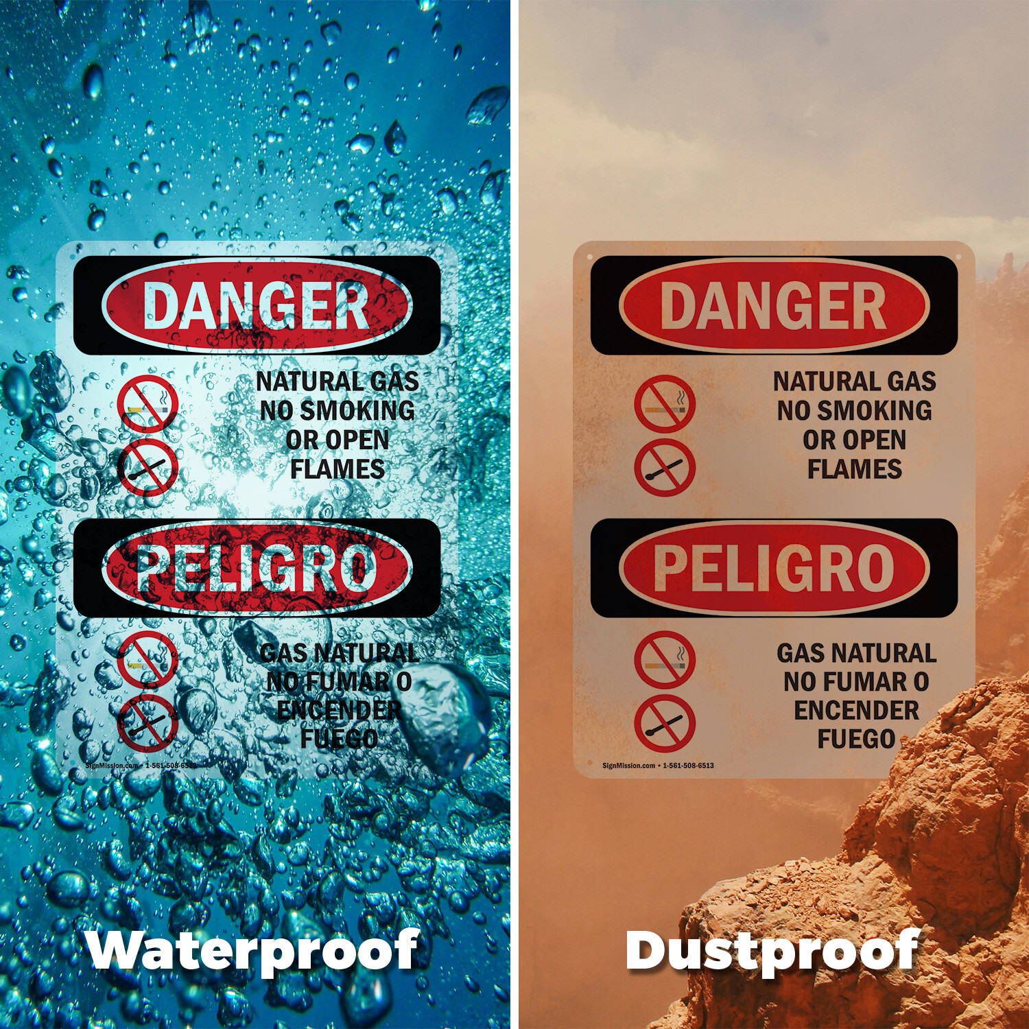 (2 Pack) Natural Gas No Smoking Bilingual OSHA Danger Sign Decal Metal Plastic