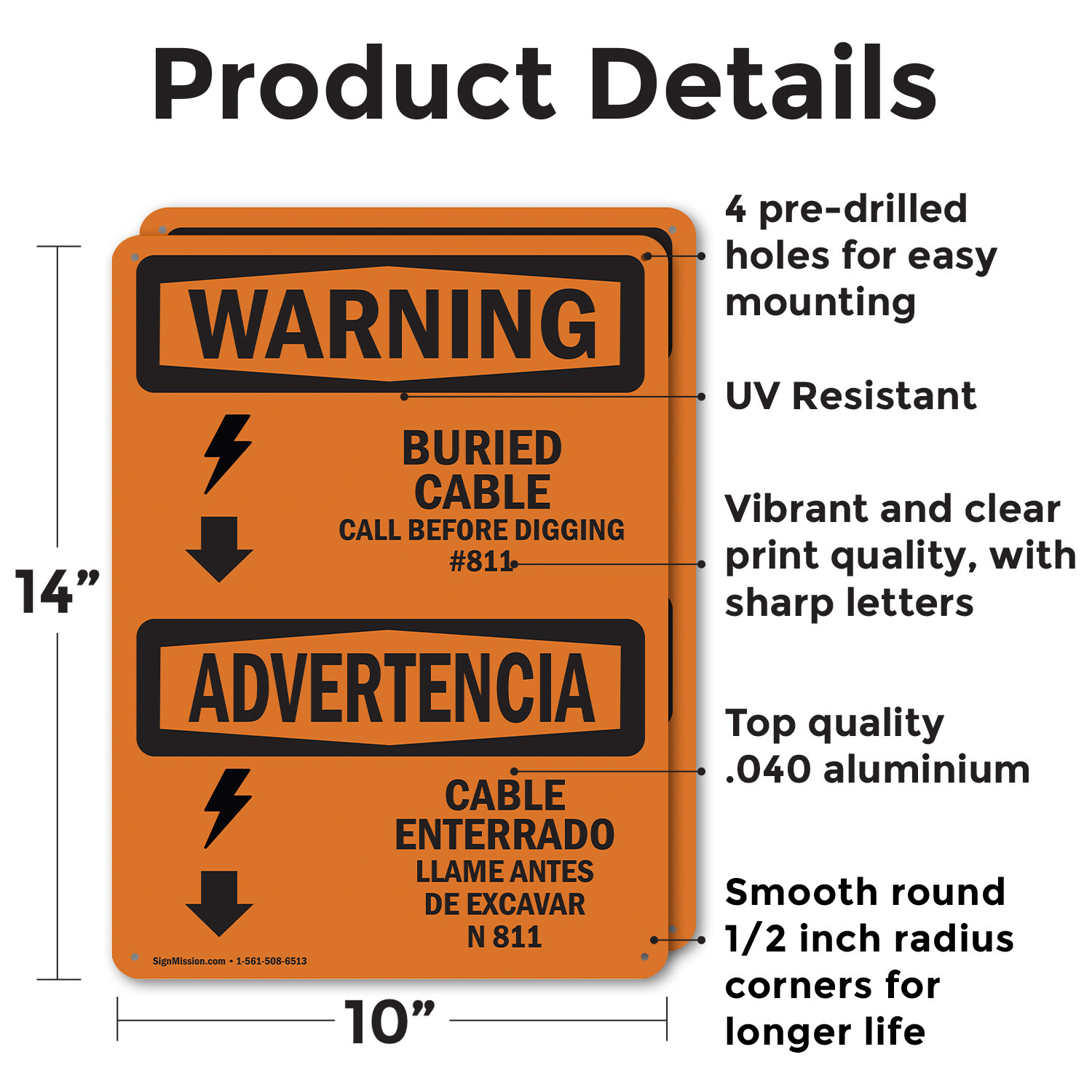 (2 Pack) Buried Cable Call Before Digging Bilingual OSHA Warning Sign Decal