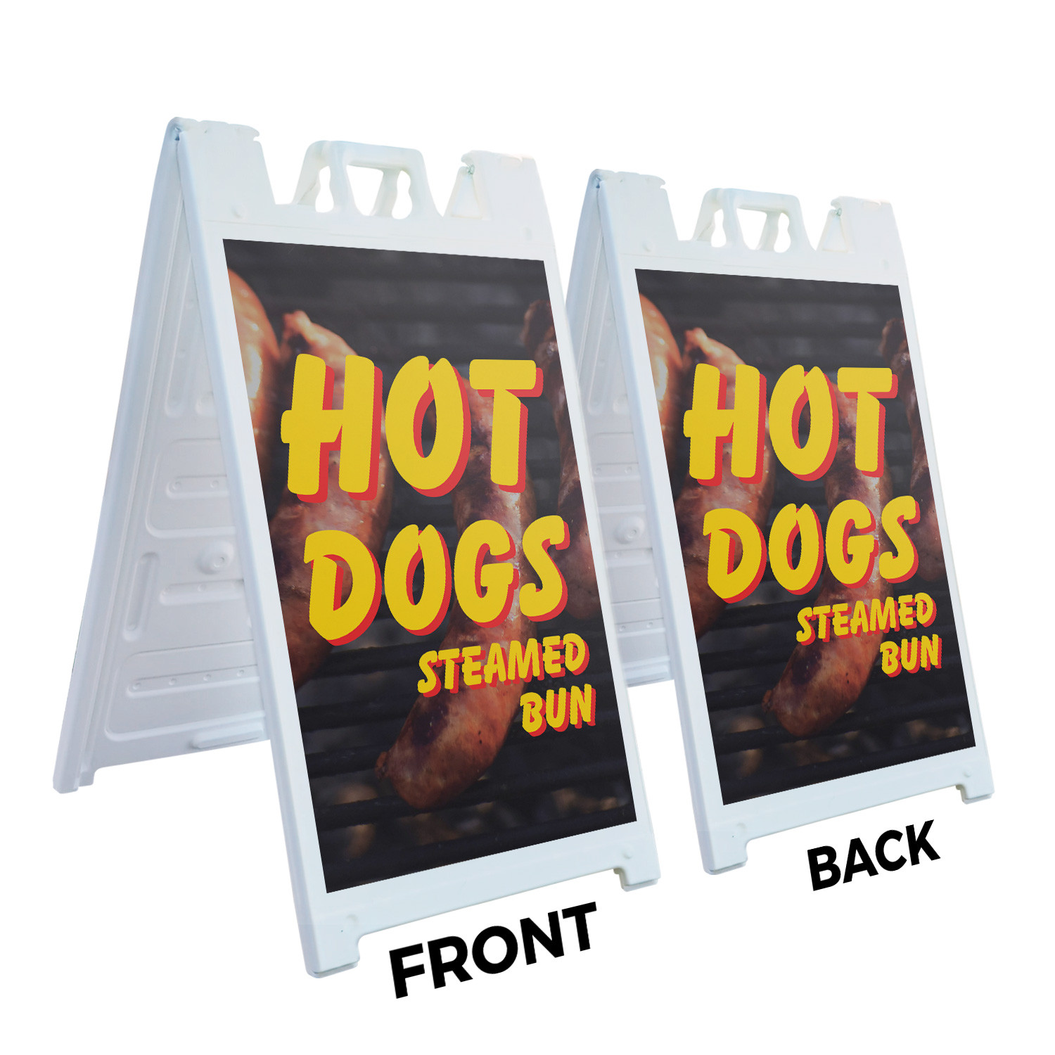 Hot Dogs Steamed Bun Heavy Duty A-Frame Sidewalk Sign Carnival Treats Freshly