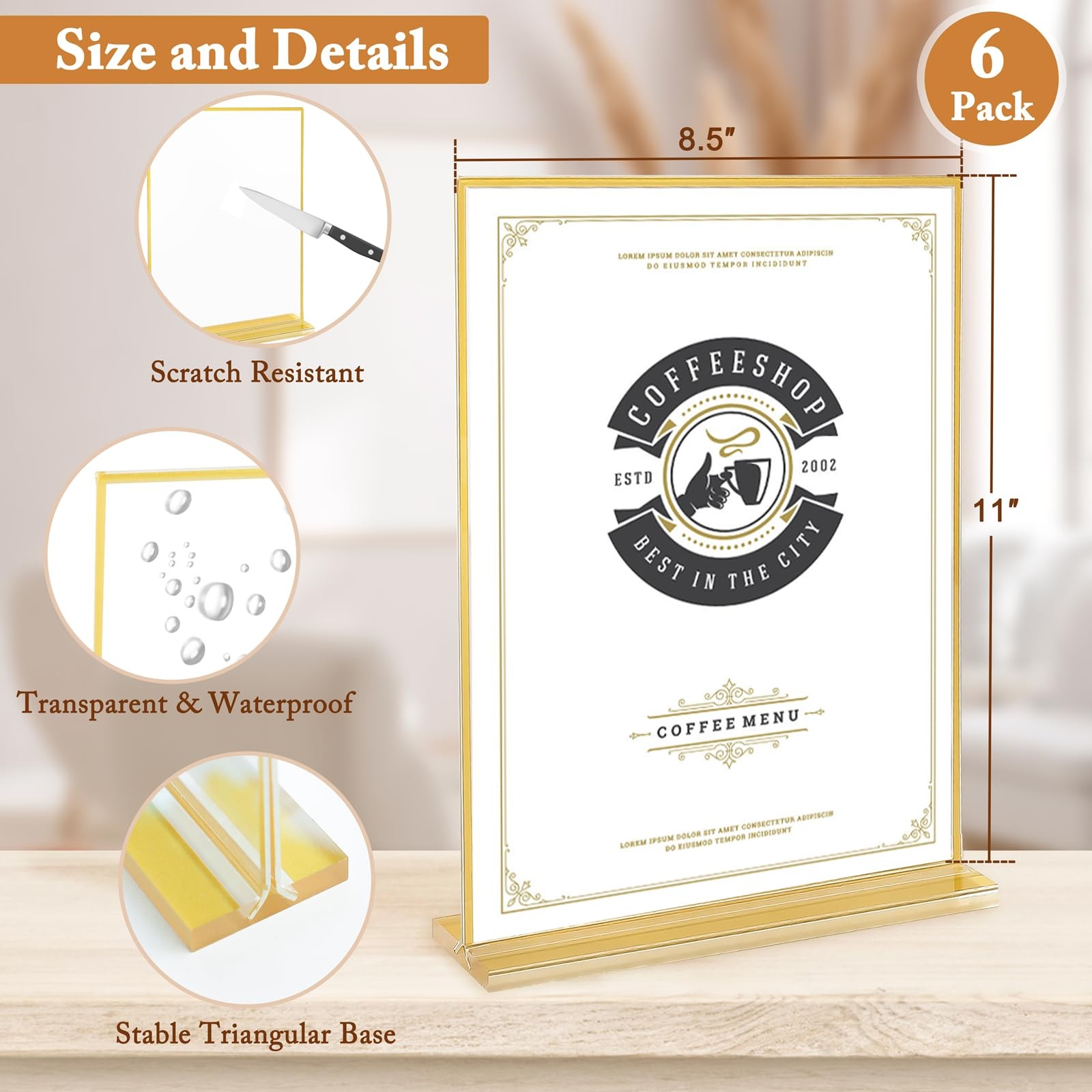 6 Pack 8.5×11 Inch Clear Acrylic Sign Holders, Double-Sided Gold Display Stan…
