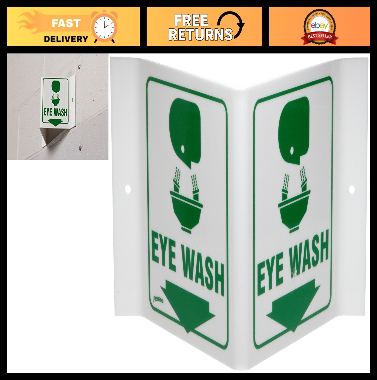 6″ x 9″ Acrylic Eye Wash Sign – Green on White, Standard “V” Legend, Safety Indi