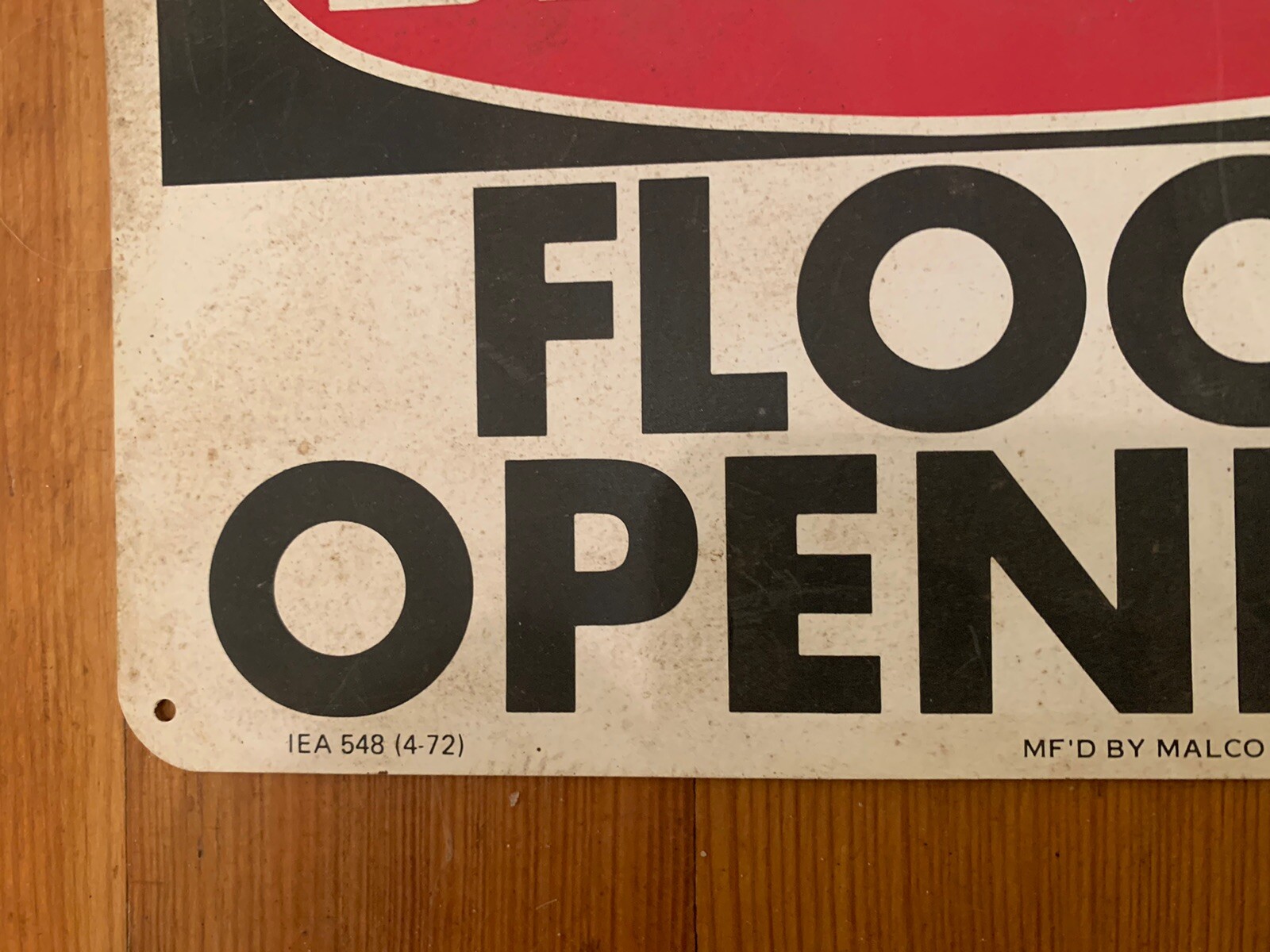 HEAVY DUTY THIN PLASTIC WARNING SIGN DANGER FLOOR OPENING 1972 VINTAGE MAN CAVE