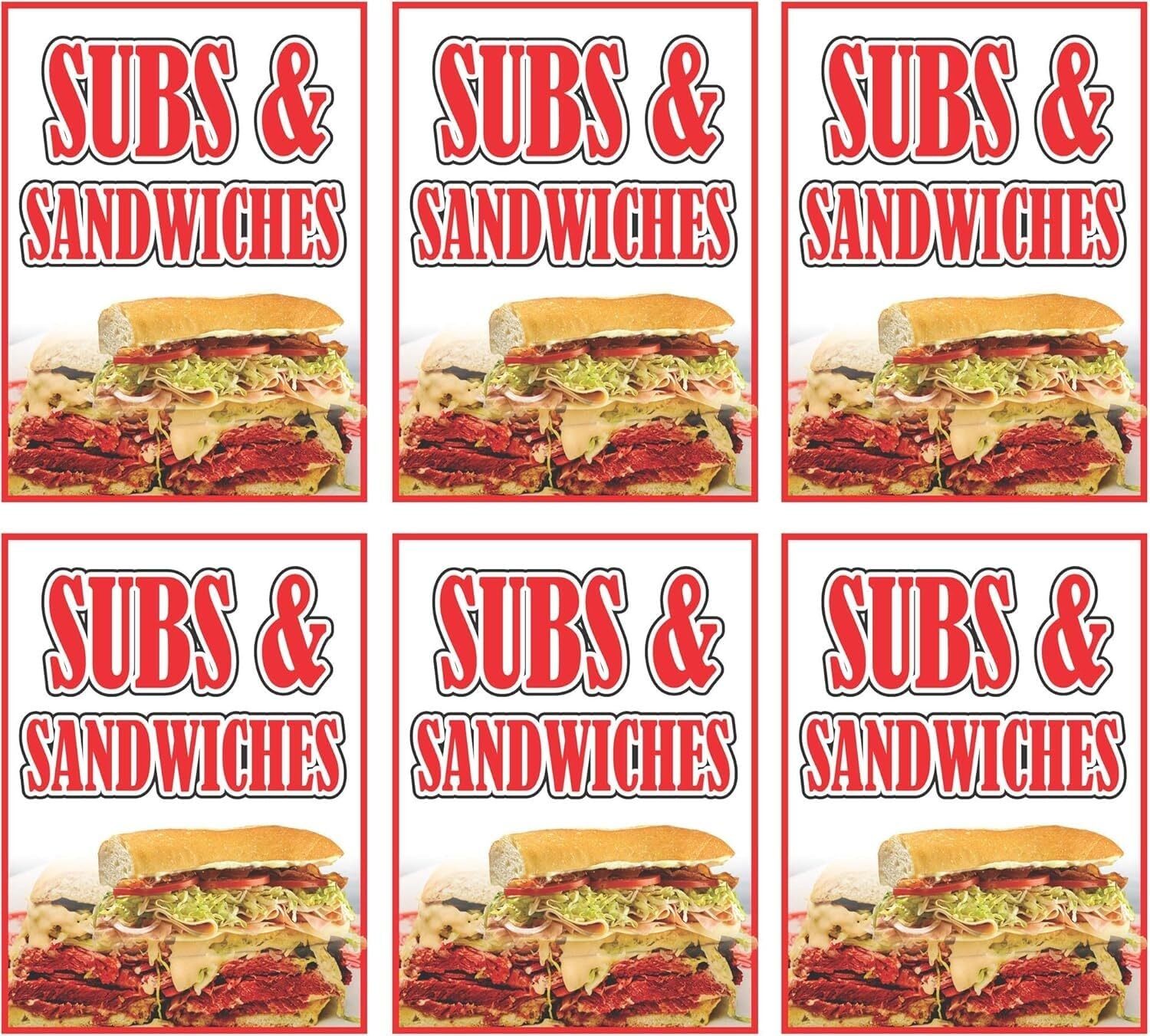 Subs & Sandwiches Retail Window Display Paper Signs | Pack of 6 | 18″w x 24″h