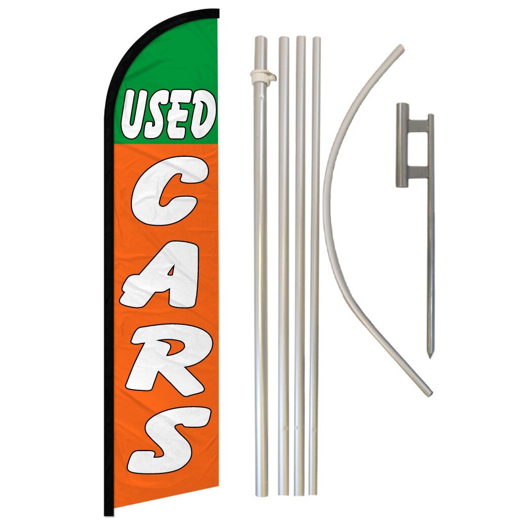 Used Cars Windless Banner Swooper Advertising Flag Kit Dealership Green/Orange