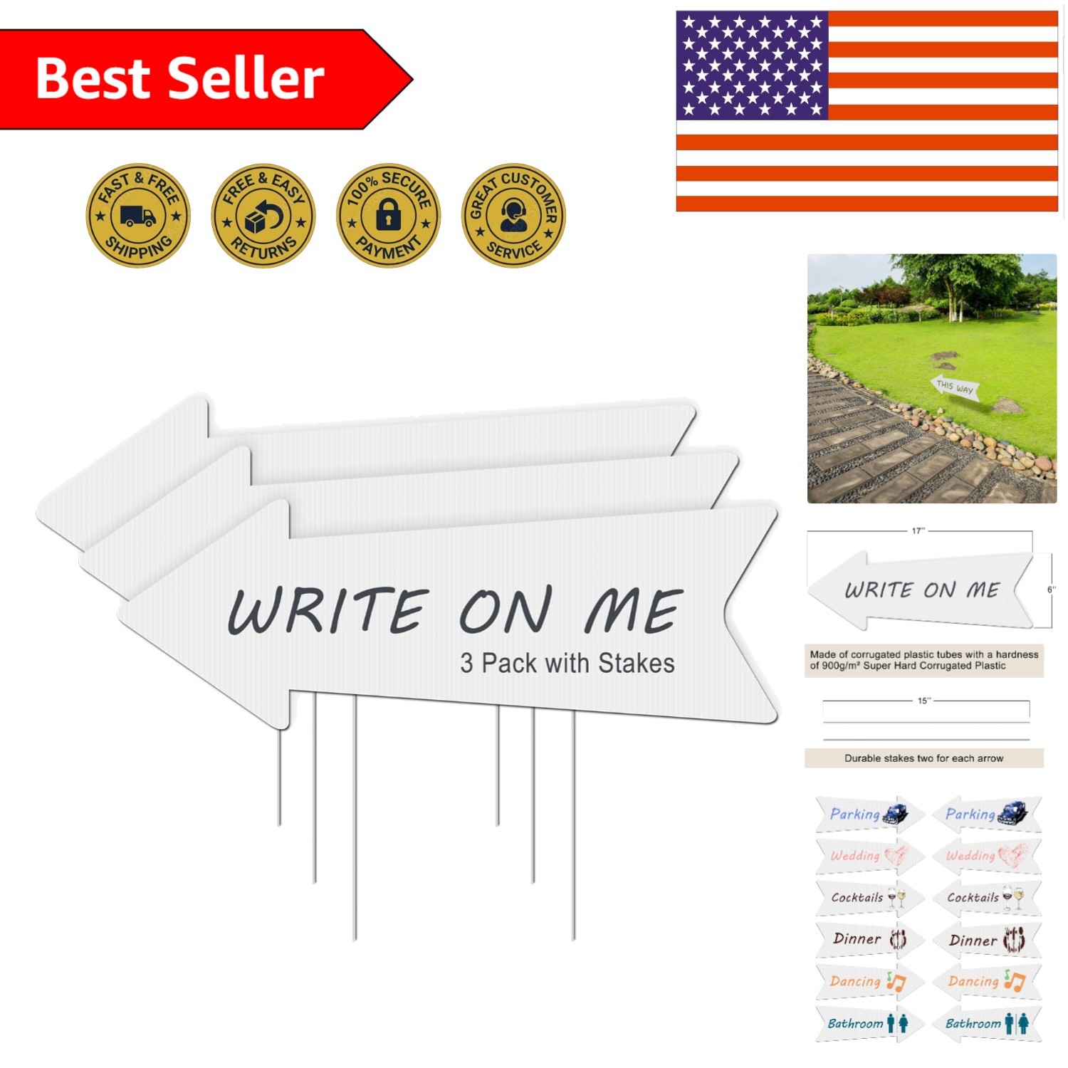 Elegant Blank Arrow Signs with Stakes – 3 Pack Wedding Directional Yard Signs