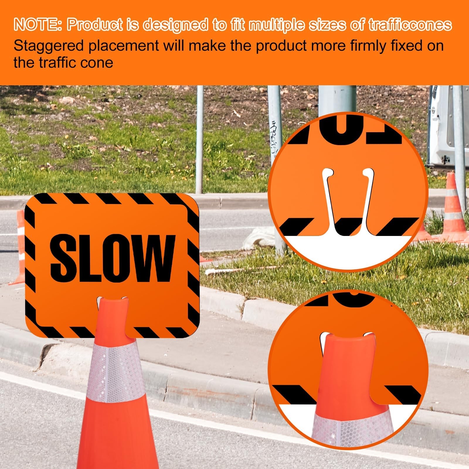 3 Pcs Slow Down Traffic Cone Signs – High Visibility 12.6″ x 10.4″ Road Safety M