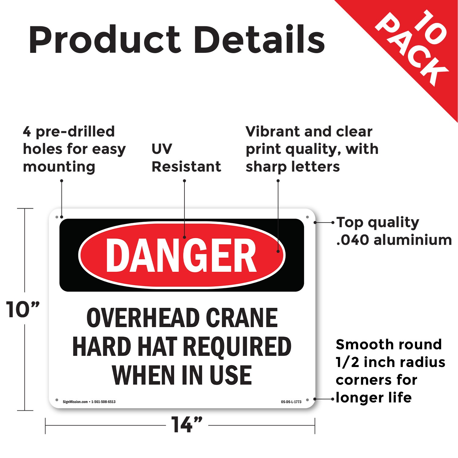 Overhead Crane Hard Hat Required OSHA Danger Sign Metal, Decal – 5 or 10 Pack