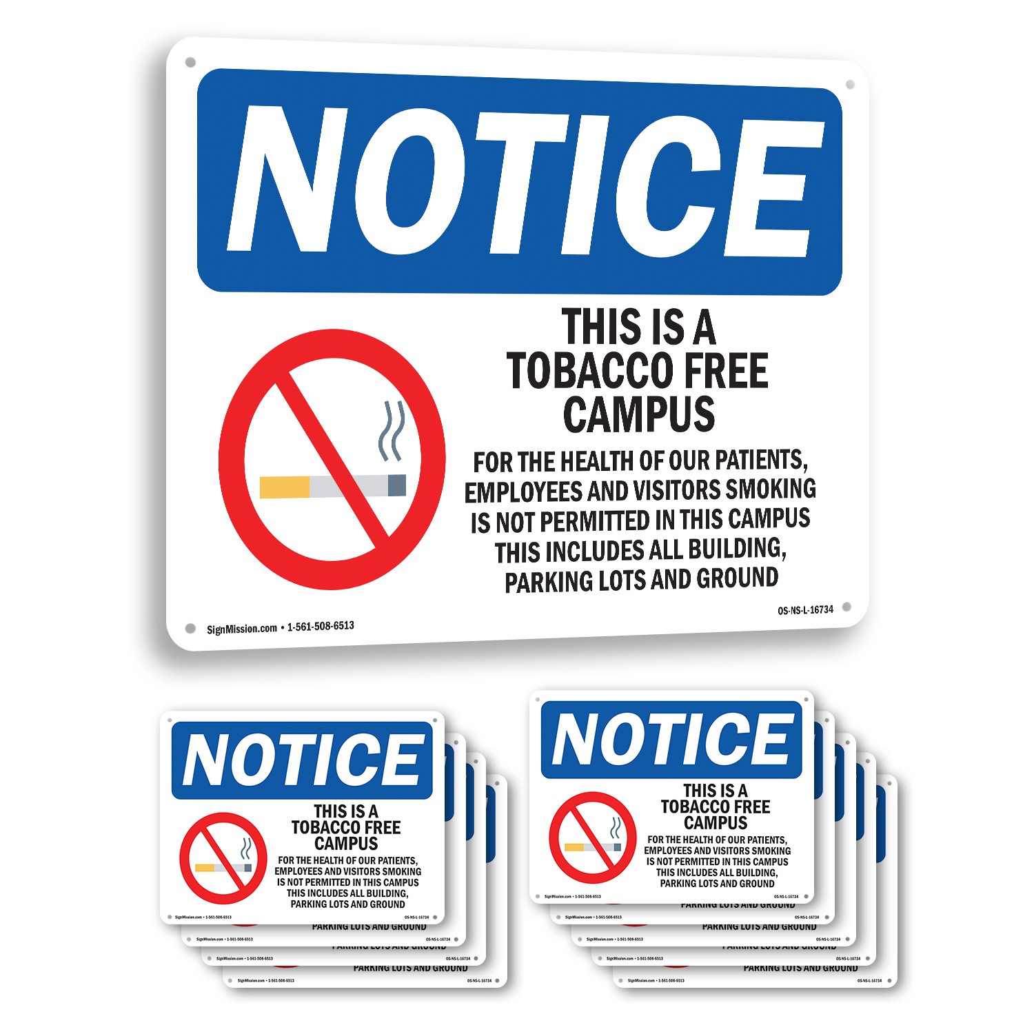 Tobacco Free Campus OSHA Notice Sign Metal, Plastic, Or Decal – 5 or 10 Pack