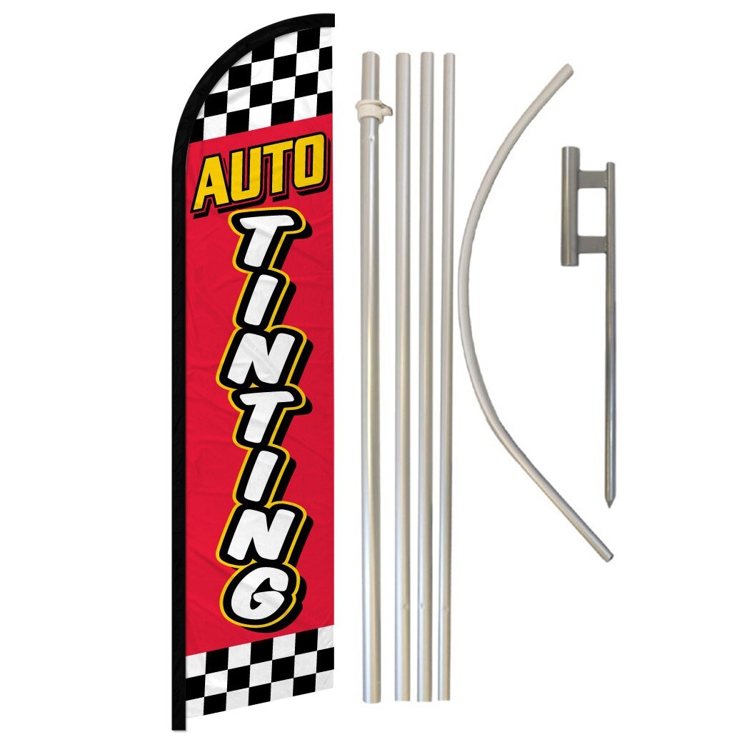 Auto Tinting Windless Banner Swooper Advertising Flag Kit Mechanic Red Checker