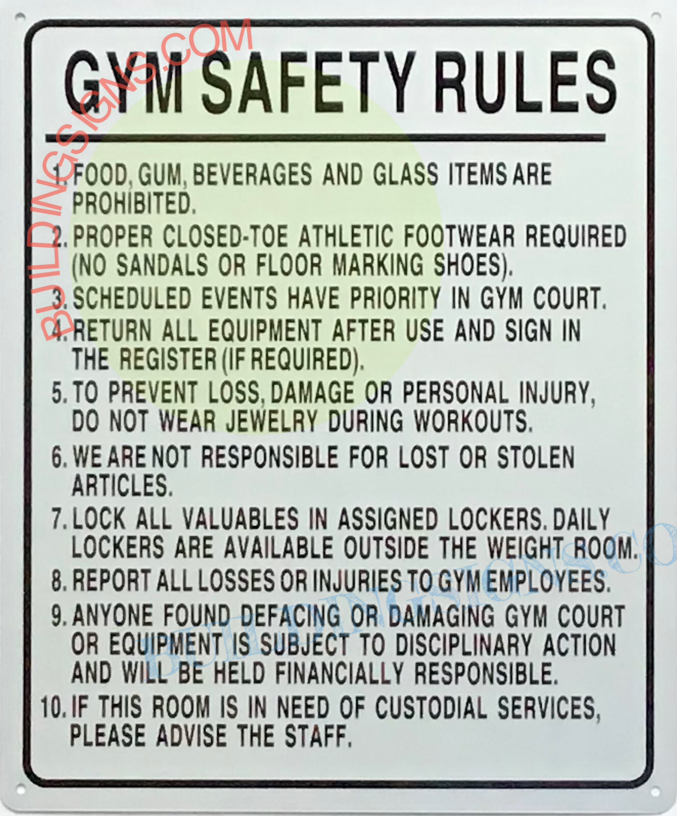 GYM SAFETY RULES SIGN (10×12, White, Aluminum)