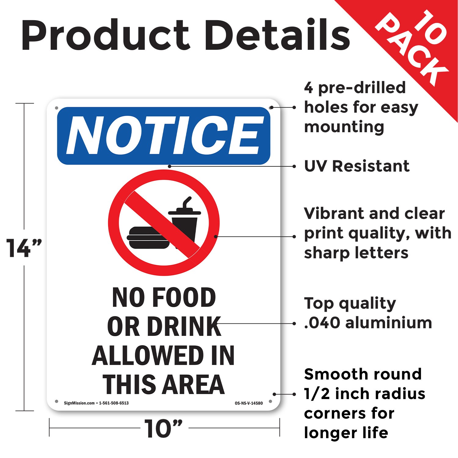 No Food Or Drink Allowed OSHA Notice Sign Metal, Plastic, Decal – 5 or 10 Pack
