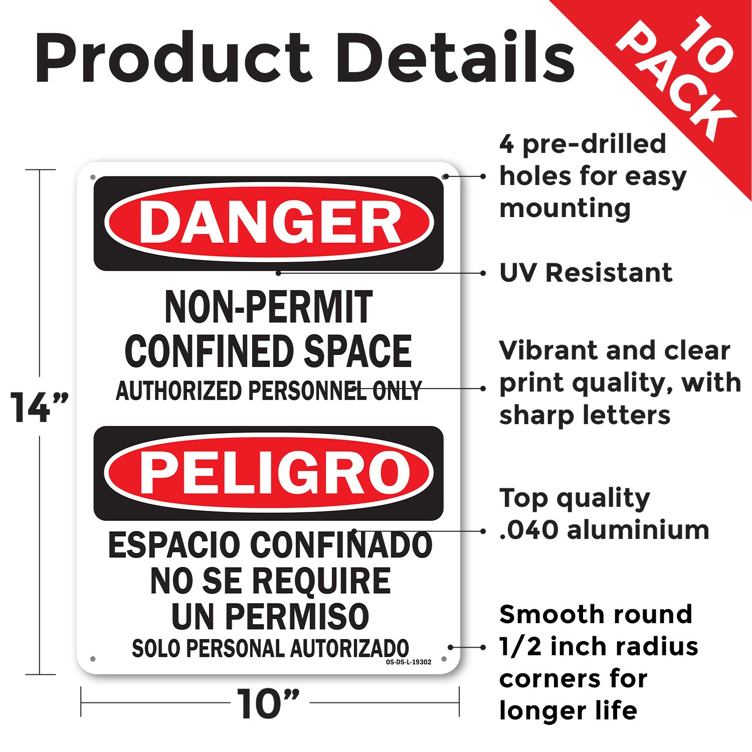 Confined Space None Permit Bilingual OSHA Danger Sign Or Decal – 5 or 10 Pack