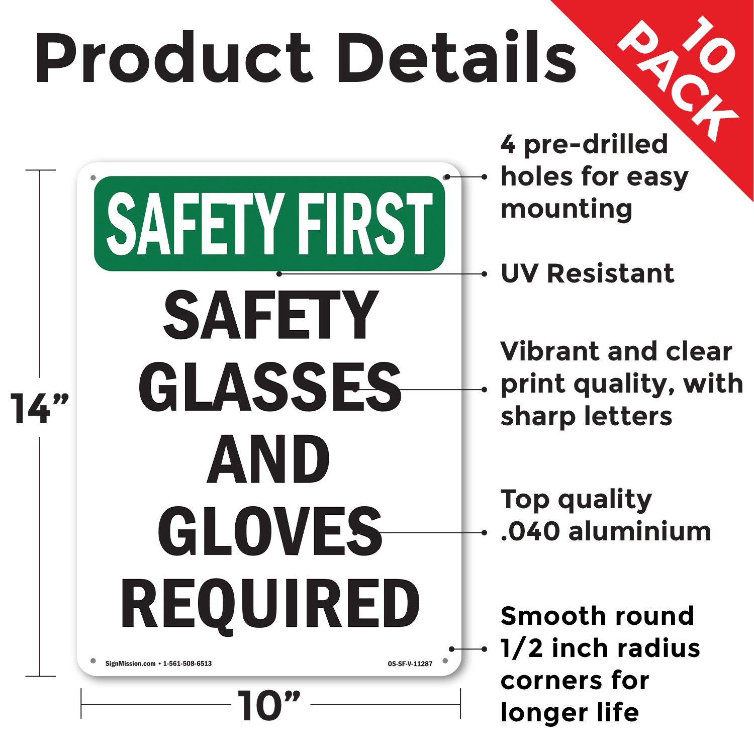 Safety Glasses And Gloves Required OSHA SAFETY FIRST Sign, Decal 5 or 10 Pack