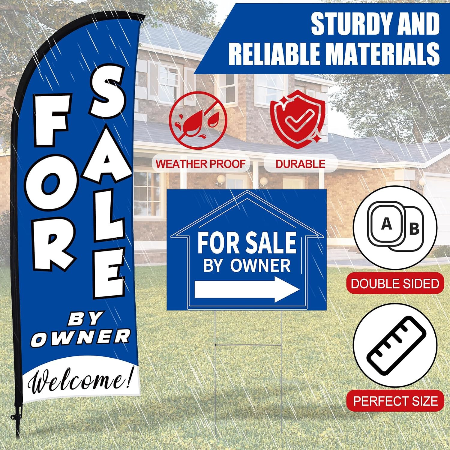 For Sale by Owner Sign Set 1 Pack for Sale by Owner Flag 3 Pack Double Blue