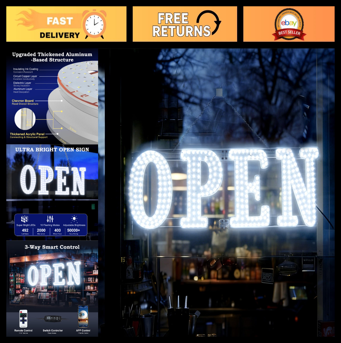 30″x10″ Smart LED Open Sign – APP & Remote Control, 10 Modes & Brightness, Thick