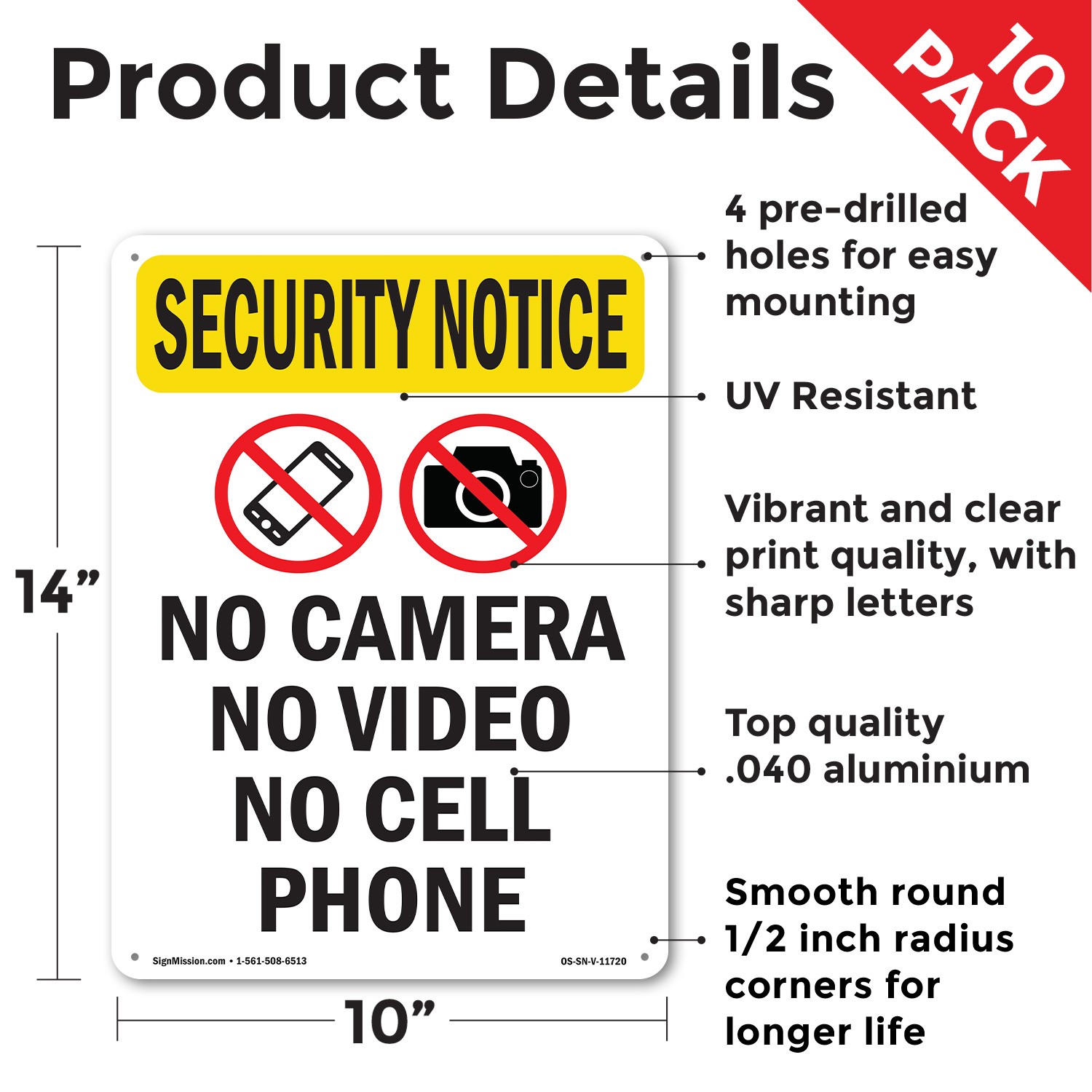 No Camera No Video With Symbol OSHA Security Notice Sign Or Decal – 5 or 10 Pack