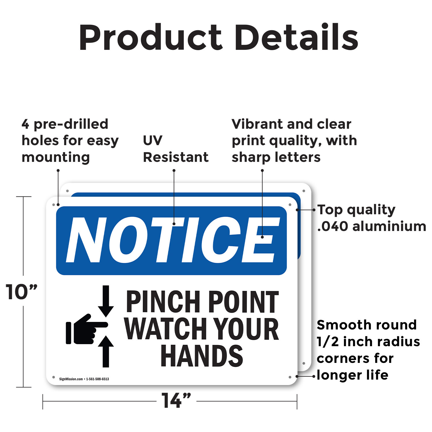 (2 Pack) Pinch Point Watch Your Hands OSHA Notice Sign Decal Metal Plastic