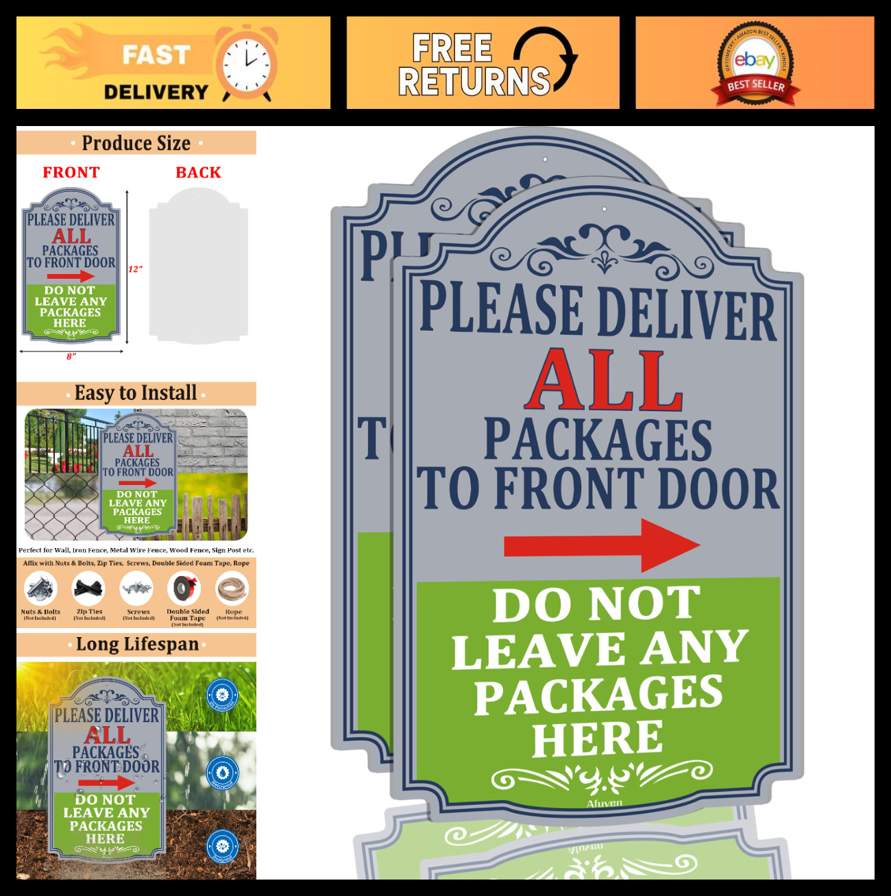 Front Door Package Delivery Sign – Do Not Leave Packages Here, Right Arrow, 12×8