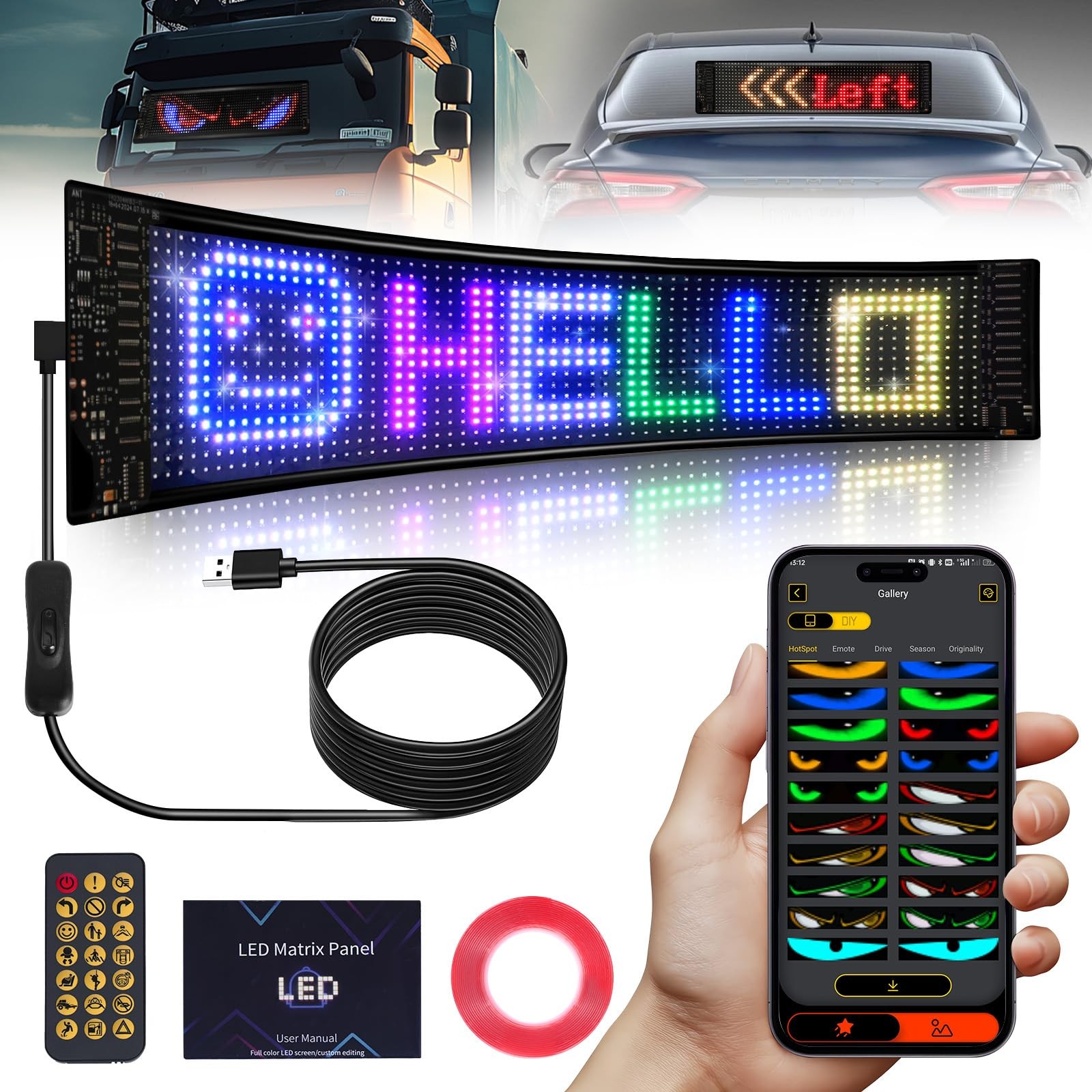 Programmable Scrolling LED Sign, 23.4″x4.7″, USB Flexible Digital Sign, APP C…