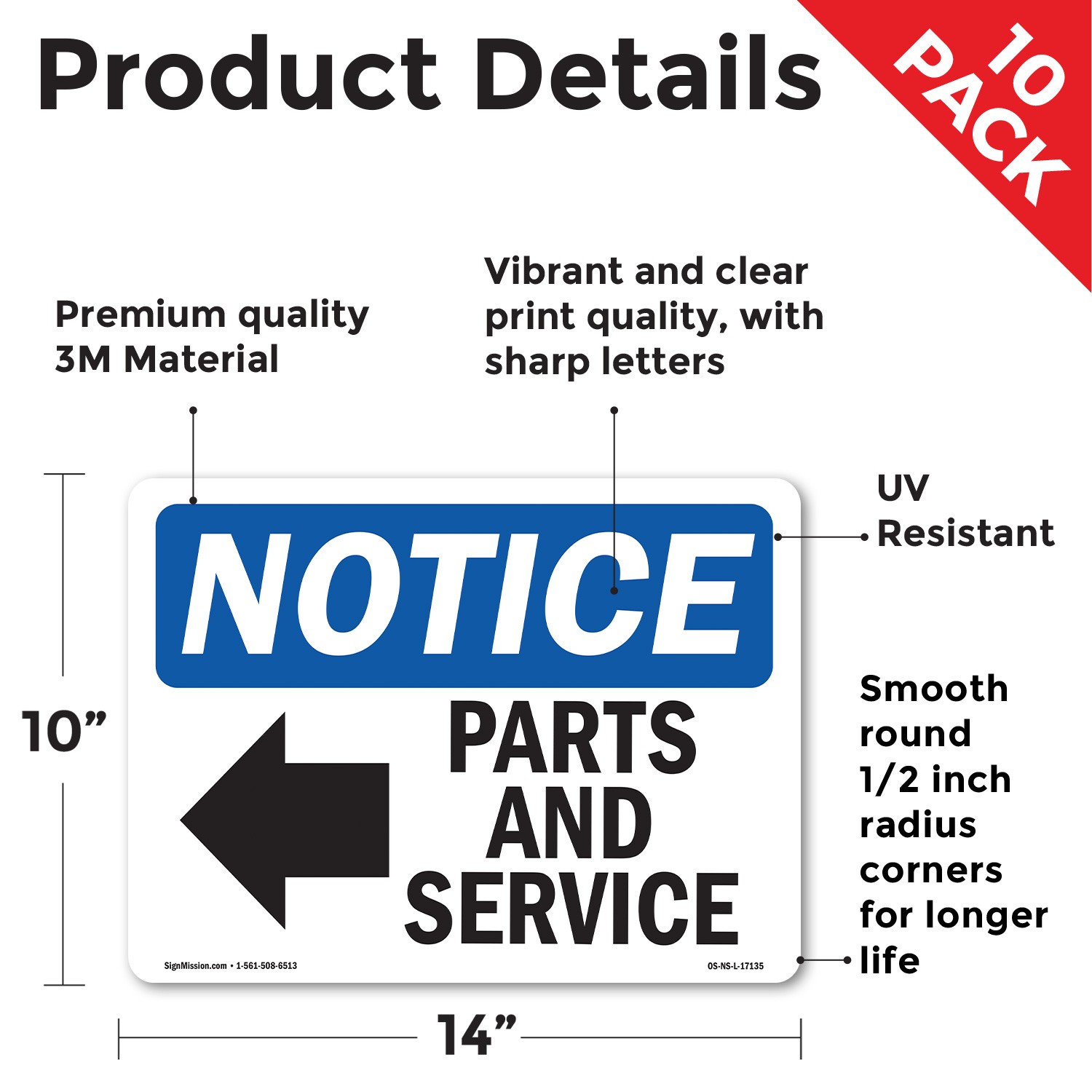 Parts And Service [Left Arrow] With Symbol OSHA Notice Sign, Decal 5 or 10 Pack