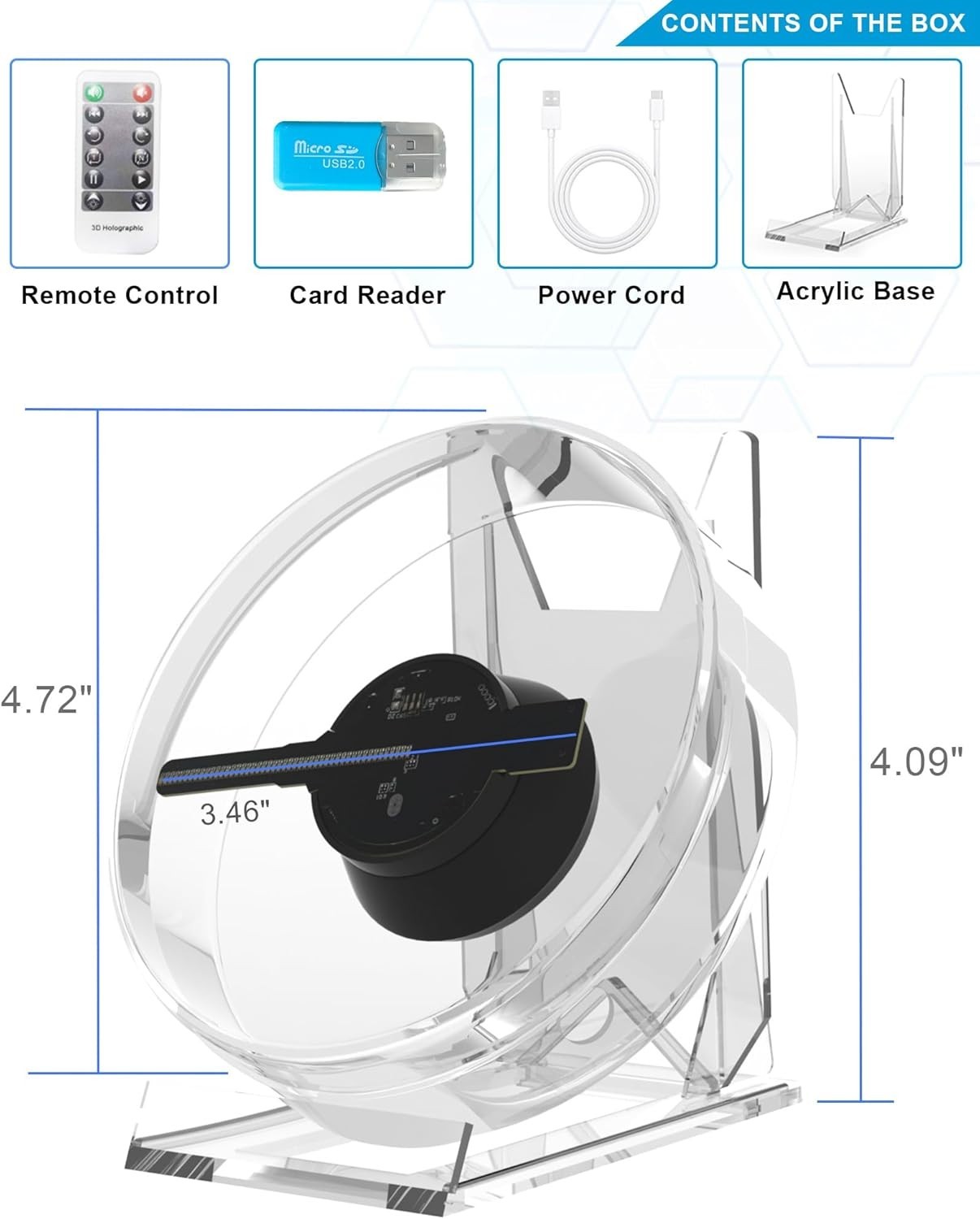 3D Hologram Fan Acrylic 4.72in Portable WiFi App Control for Events Home