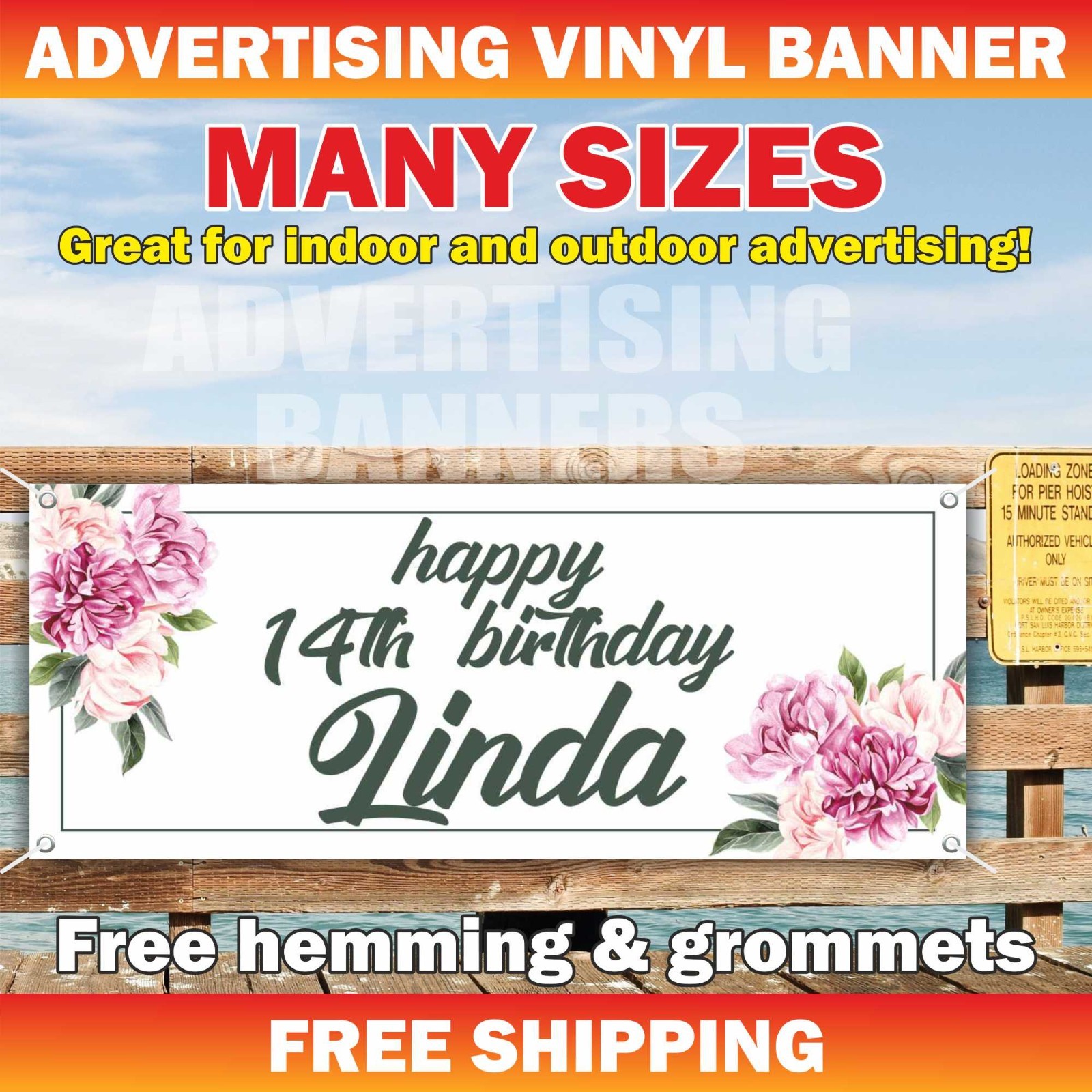 Happy 14th Birthday Advertising Banner Vinyl Sign Custom Name Text Event Holiday