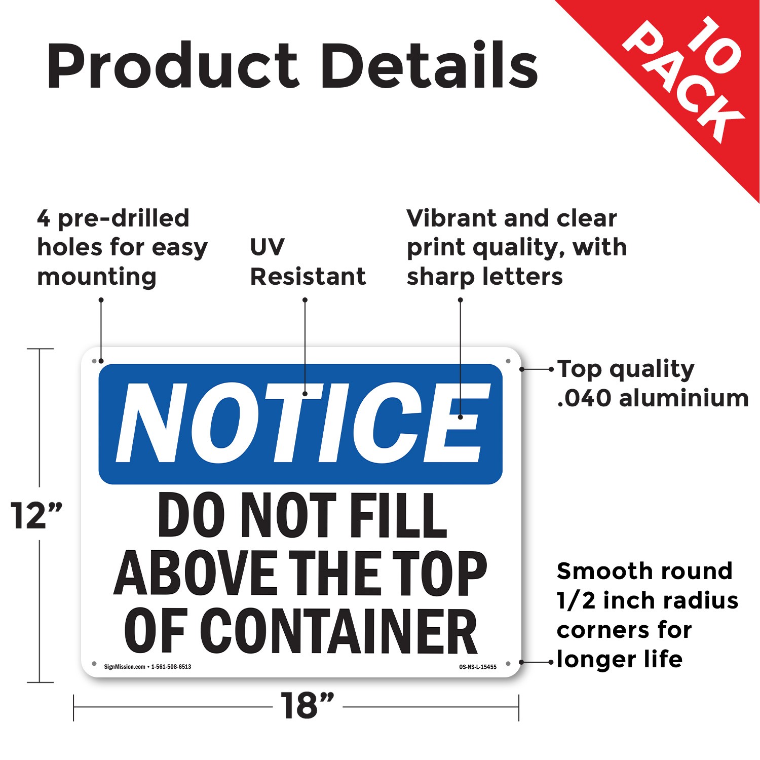 Do Not Fill Above Top Of Container OSHA Notice Sign Metal, Decal – 5 or 10 Pack
