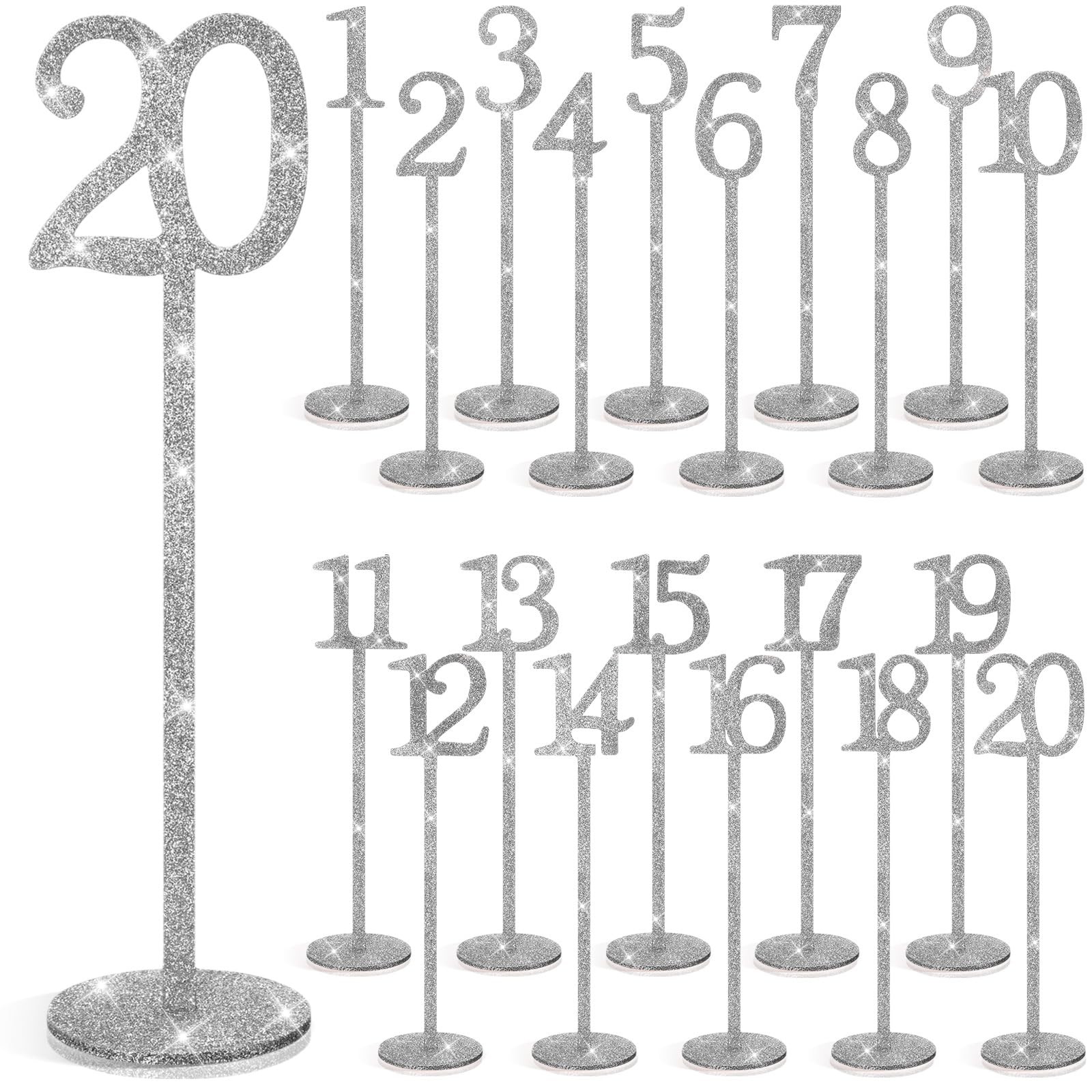 20 PCS Silver Glitter Wooden Wedding Table Numbers 120 with Holder Base