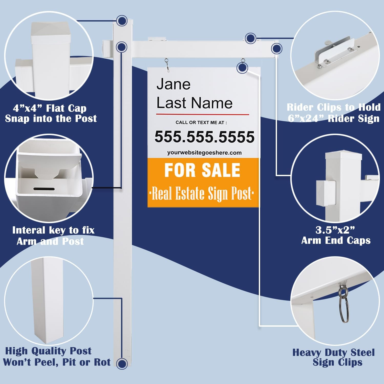 6FT Vinyl PVC Real Estate Realtor Home for Sale Yard White Sign Post | Vinyl PVC