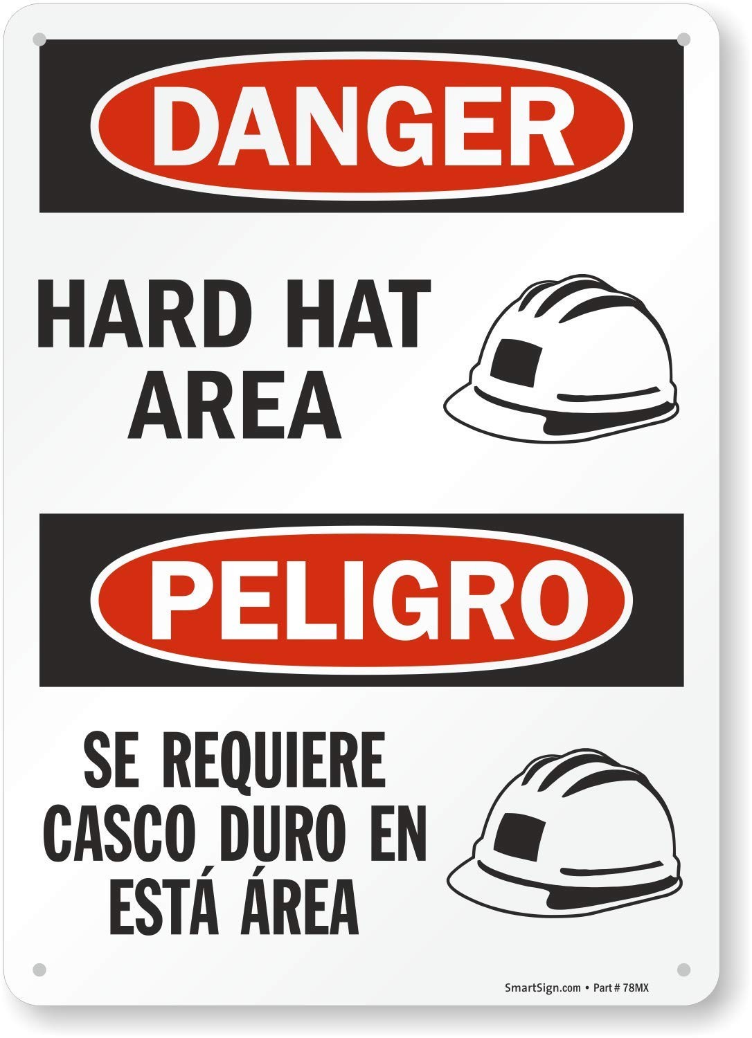 10×14 Inch Plastic Bilingual Sign Danger Hard Hat Area Safety S2115PL14