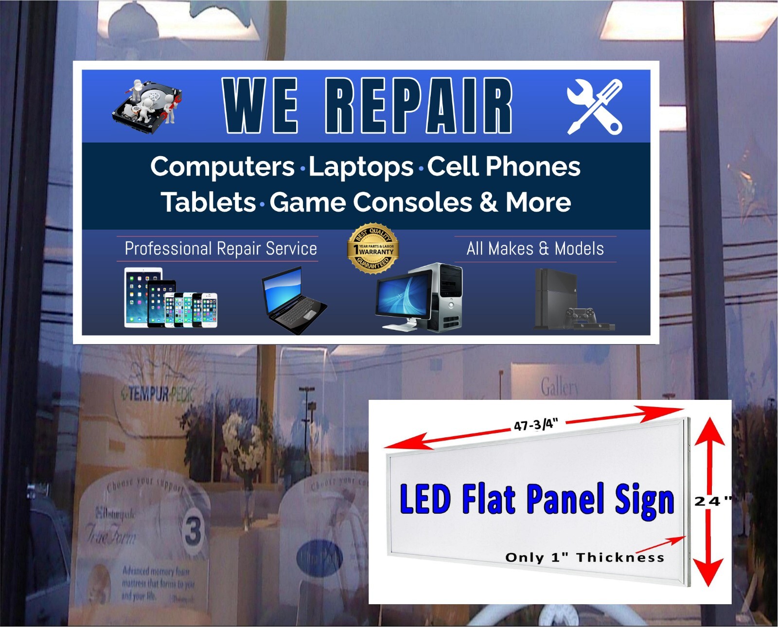We Repair Computers laptops cell phones tablets LED Light box window 48″x24″
