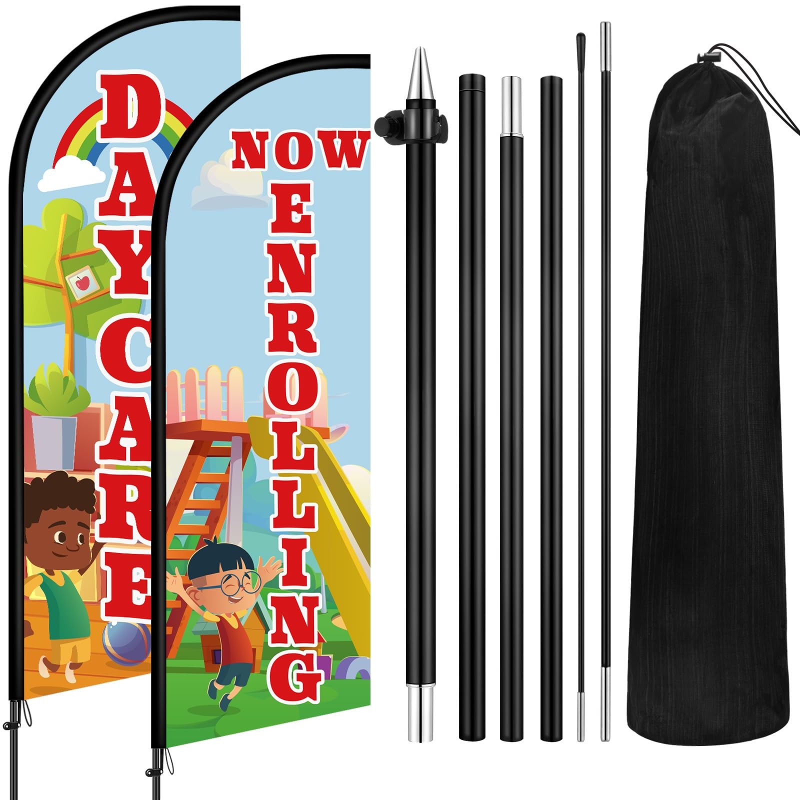 2 Set 7 ft Now Enrolling Day Care Feather Flag with Pole Kit and Ground Stake…