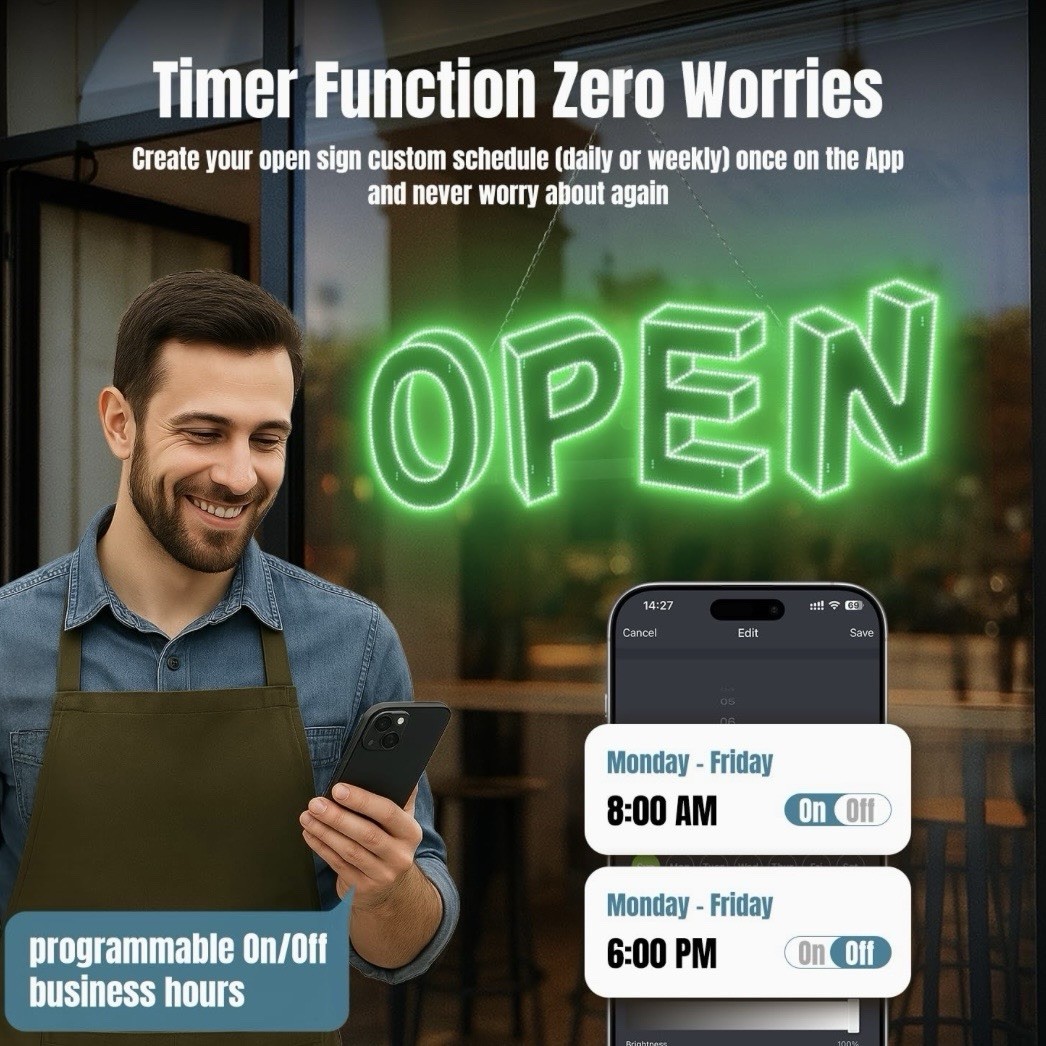 3D LED Open Sign, 37”X 12”, Timer Settings, Adjustable Brightness with 14 Modes