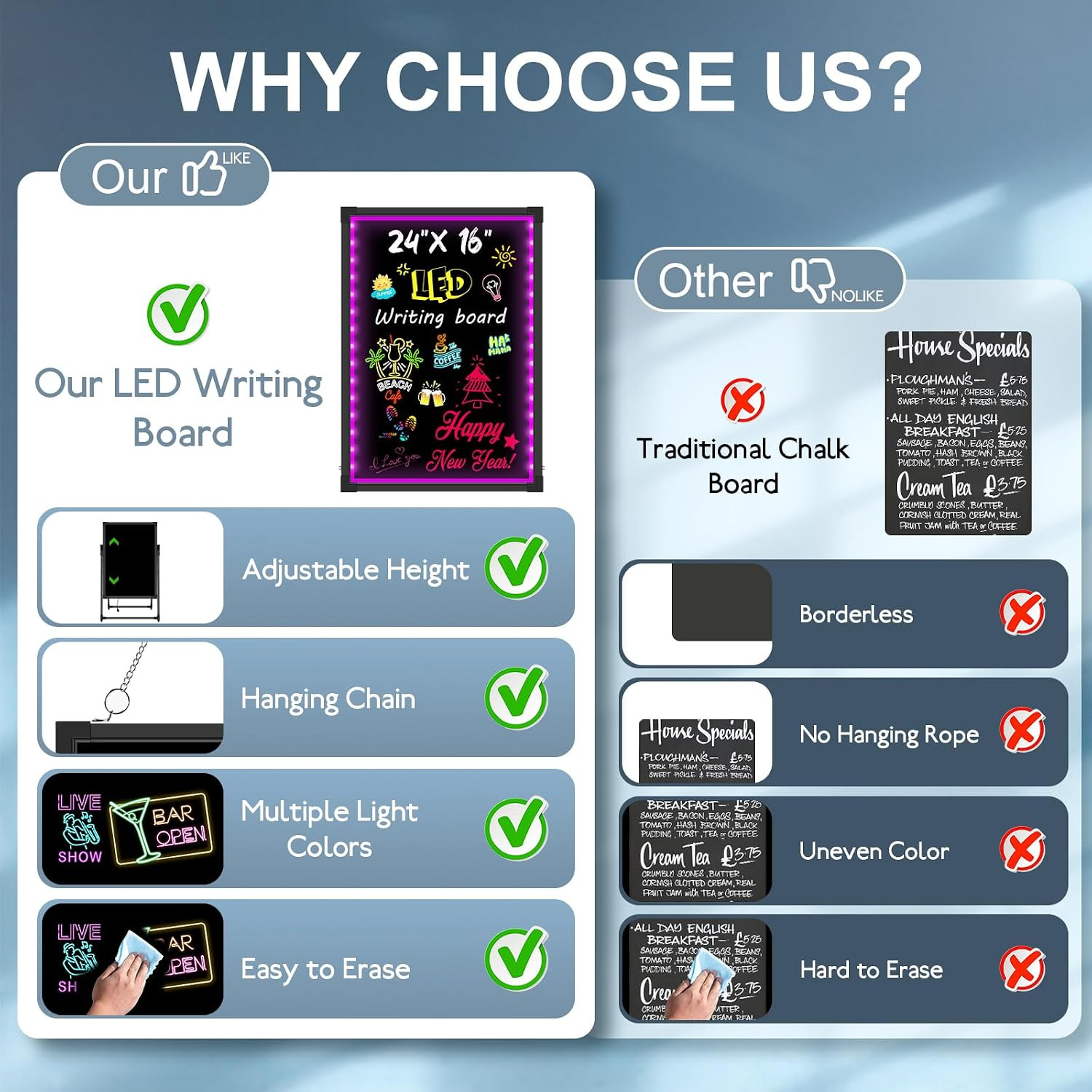 LED Menu Board, 24″ X 16″ LED Writing Board with Remote Control, Flashing Illumi