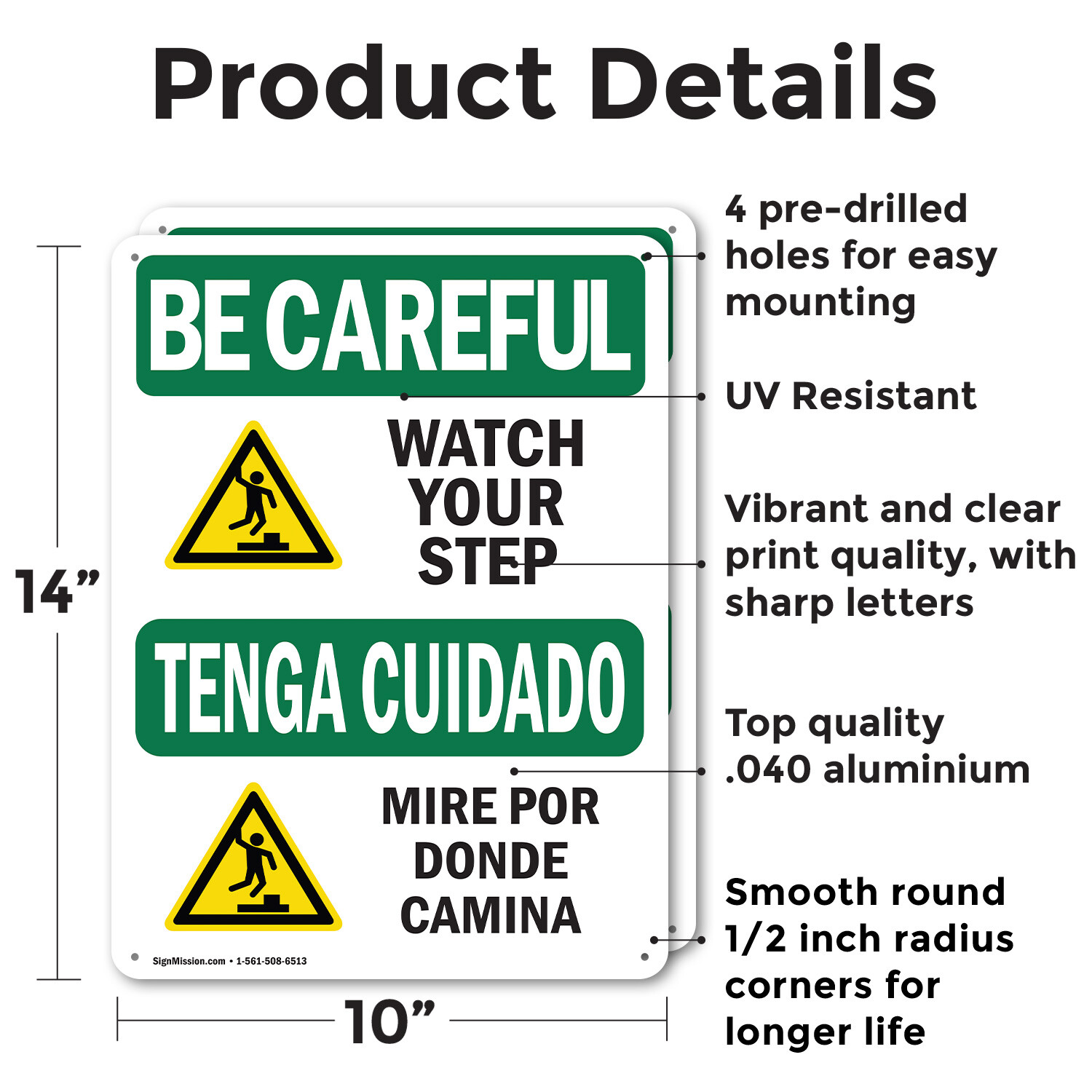 (2 Pack) Watch Your Step With Symbol Bilingual OSHA Be Careful Sign Decal Metal