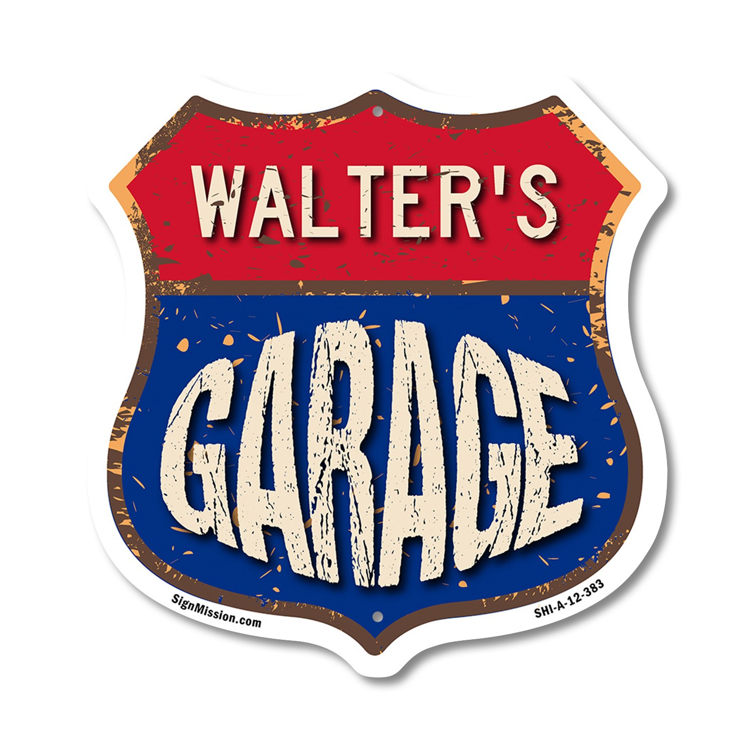 Walter’s Garage Shield Shaped Sign Weather Resistant Crafted in the USA