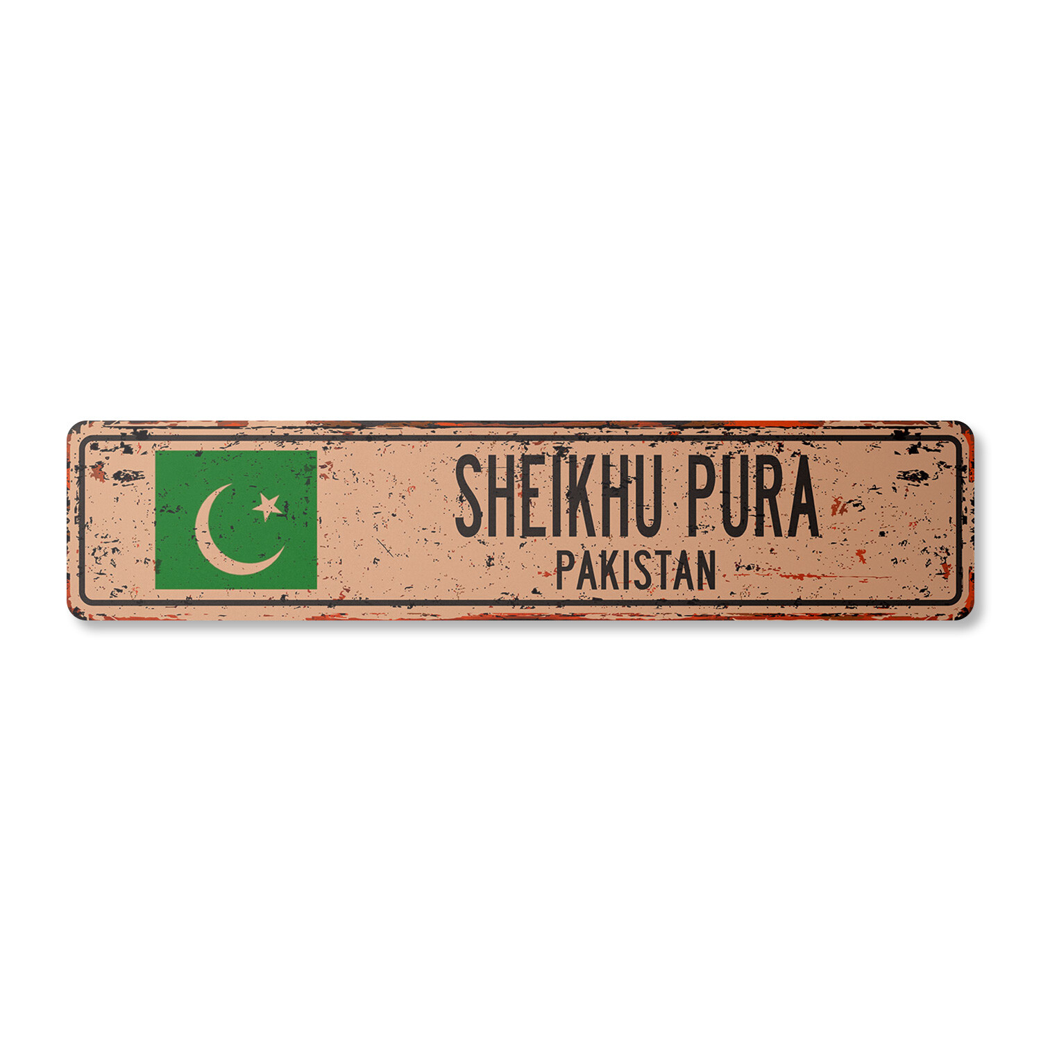 SHEIKHU PURA PAKISTAN Vintage Street Sign Pakistani flag city country rustic