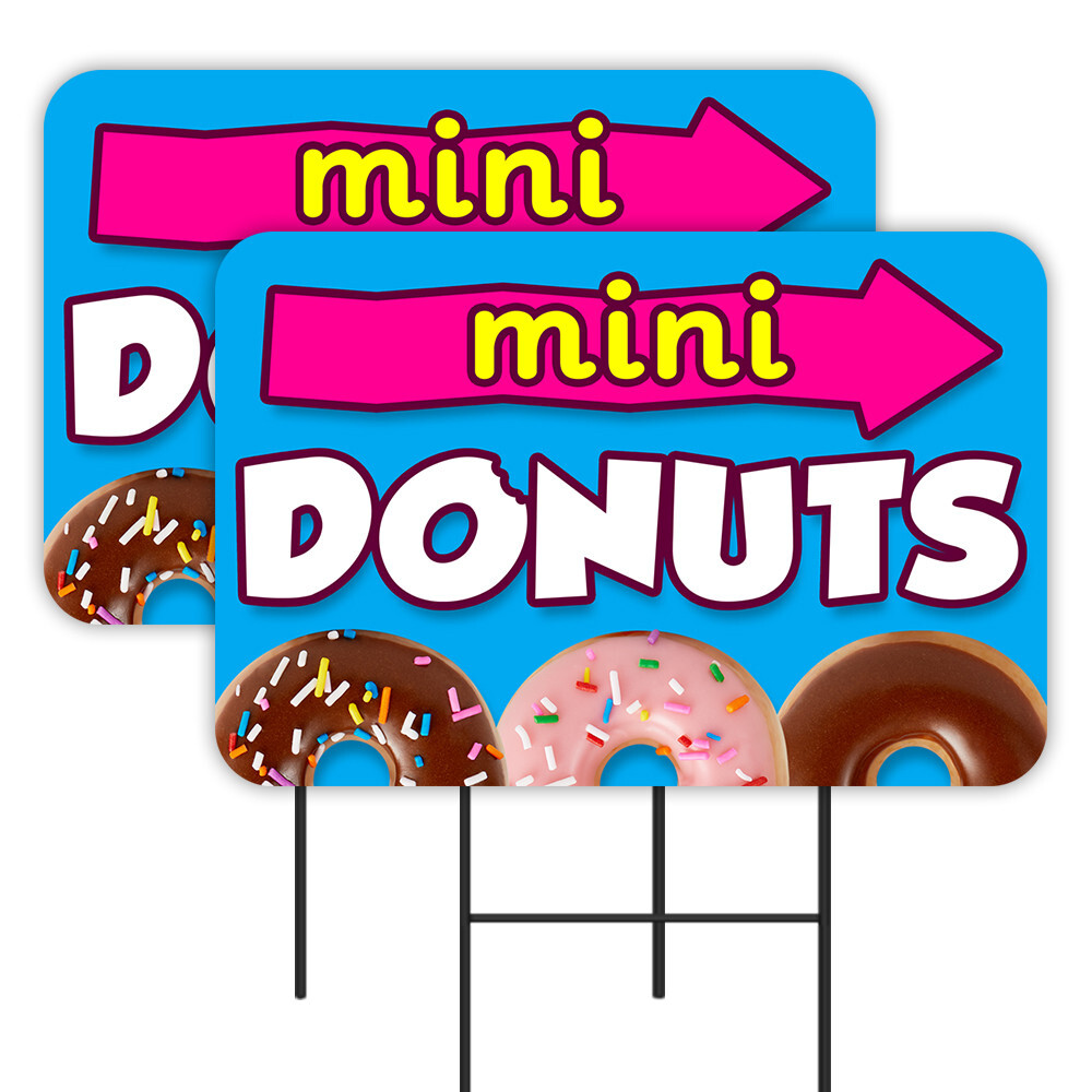 Mini Donuts 2 Pack Double-Sided Yard Signs 16″ x 24″ with Metal Stakes (Made in