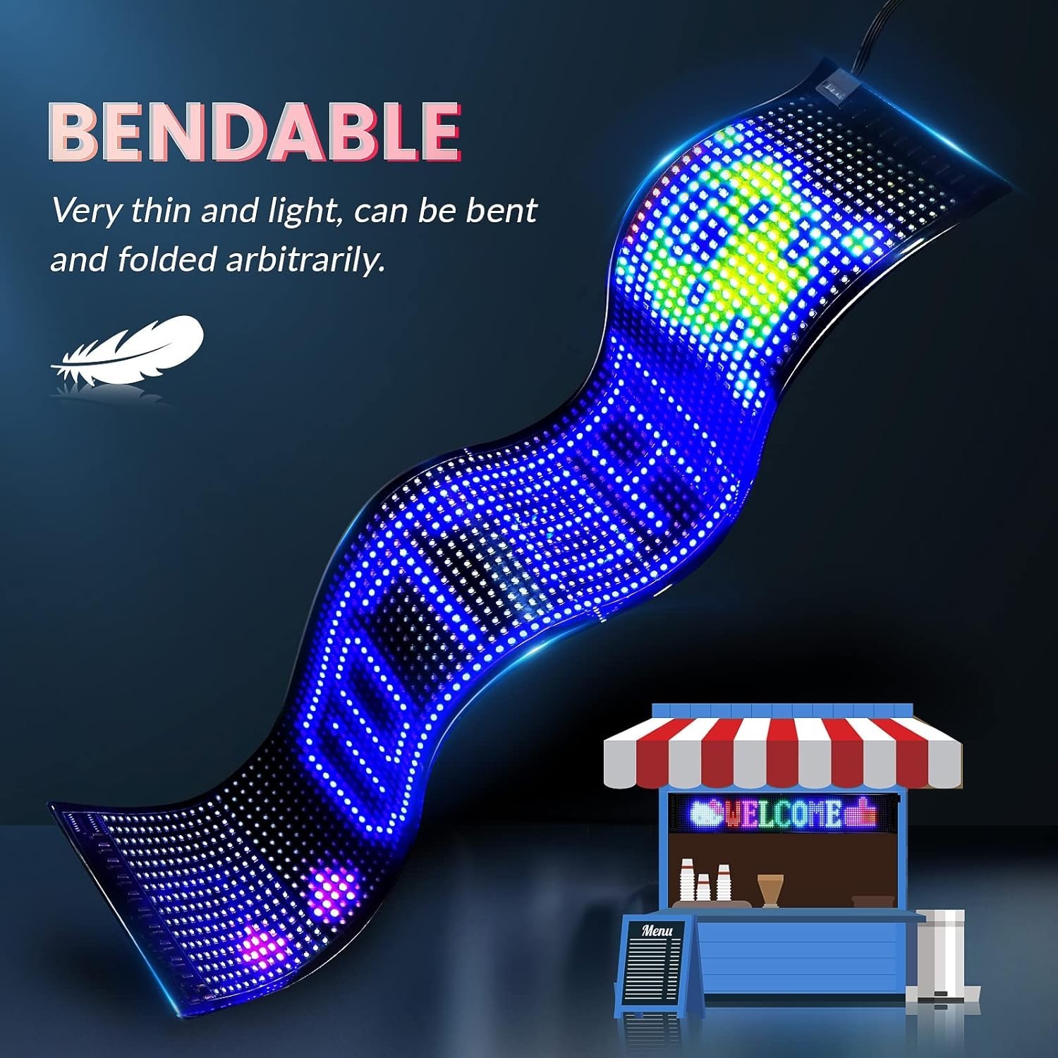 27×5 Inch Bluetooth LED Store Sign, Custom Text & Animation, USB Powered