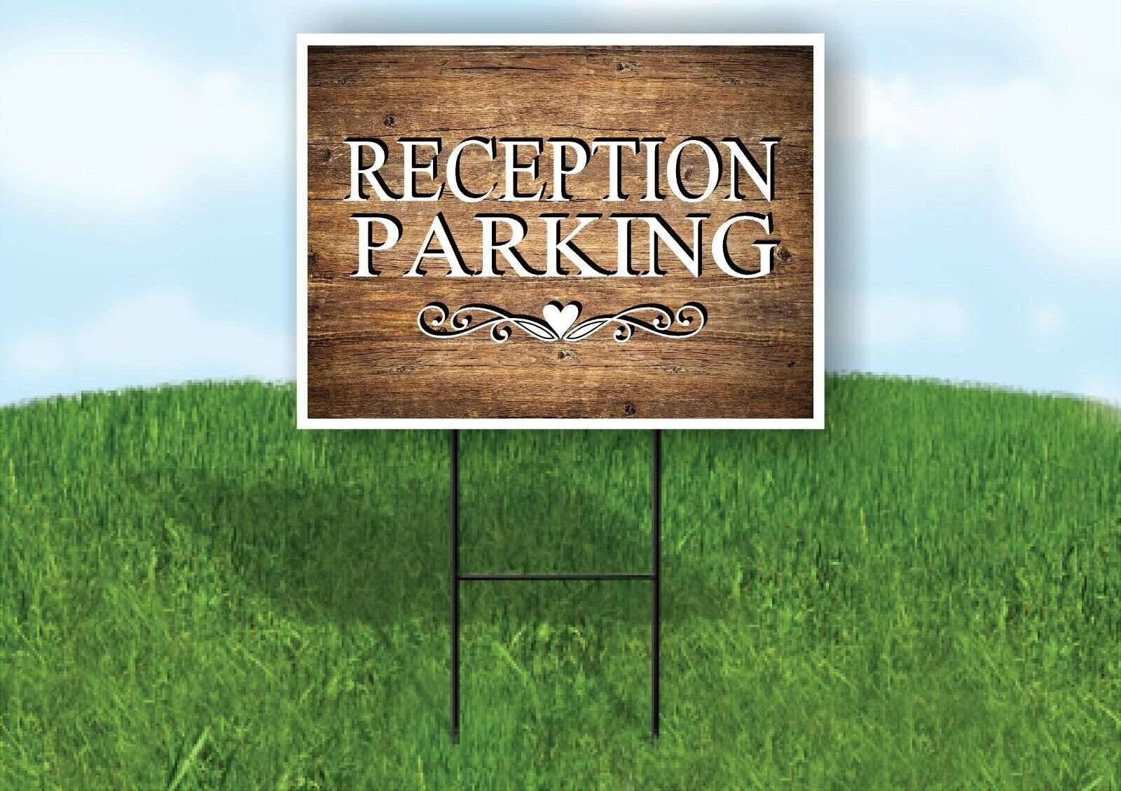 RECEPTION PARKING SCROLL HEART WOODGRAIN Yard Sign Road with Stand LAWN SIGN