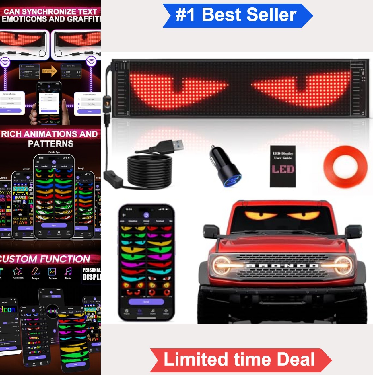 Programmable LED Car Eyes 15×4 Full Color Scrolling Text Sign Bluetooth APP